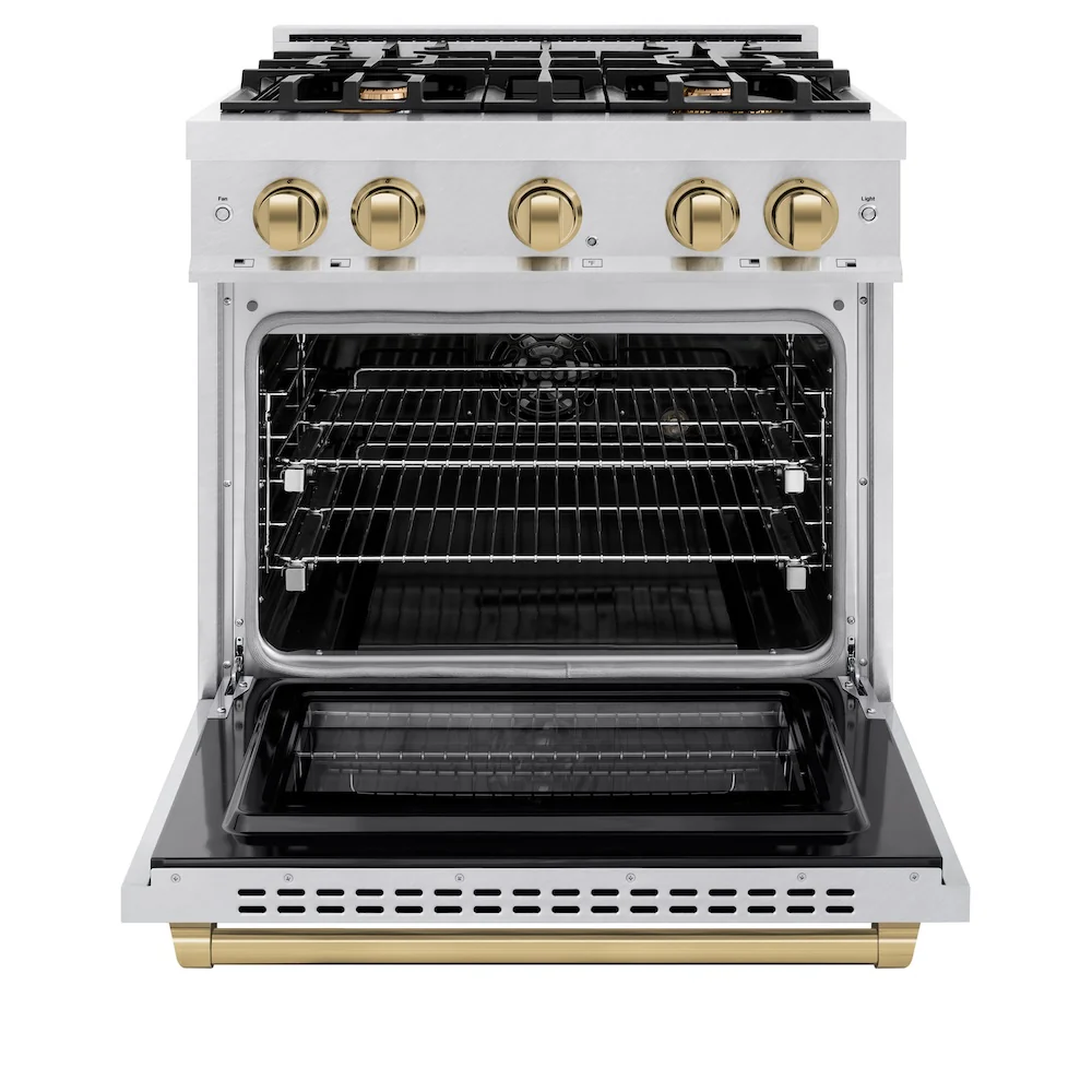 ZLINE Autograph Edition 30 in. 4.2 cu. ft. Select Dual Fuel Range with 4 Burner Gas Cooktop and Electric Convection Oven in Satin Stainless Steel with Champagne Bronze Accents, Open Box-Great Condition - Image 5