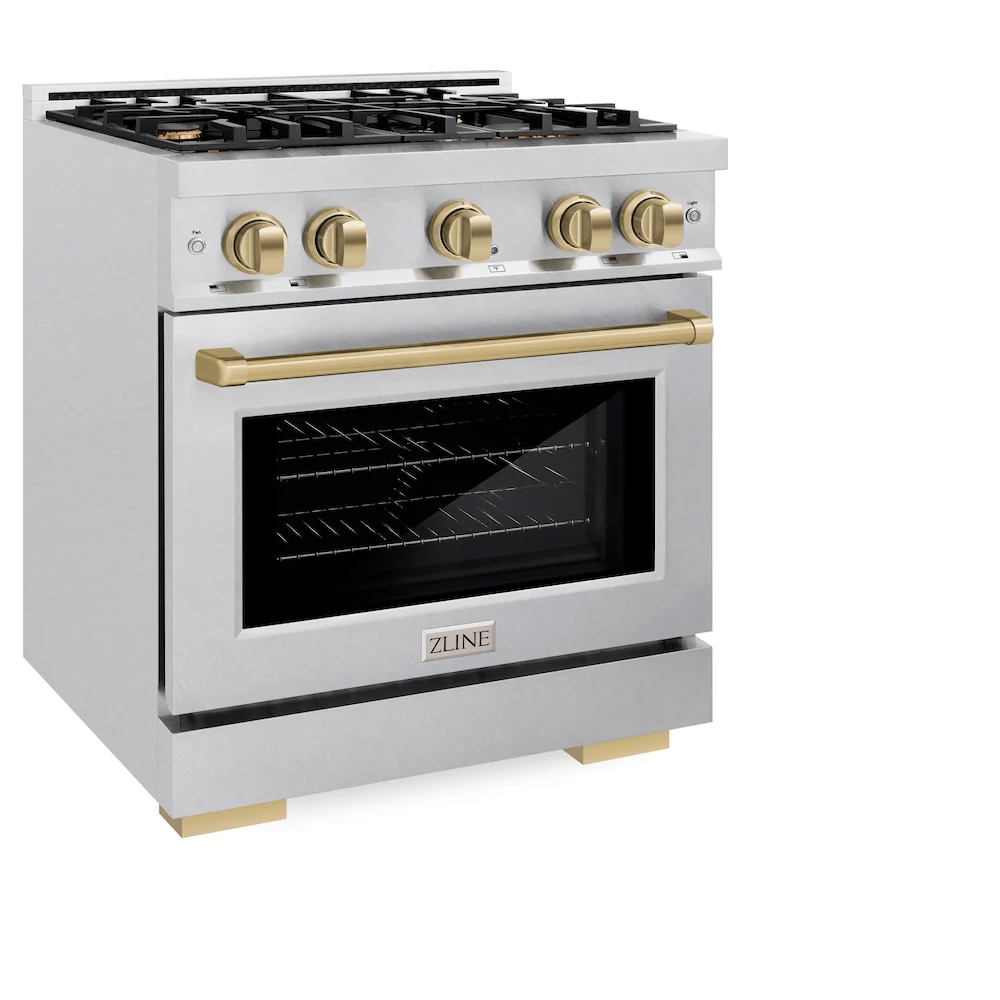 ZLINE Autograph Edition 30 in. 4.2 cu. ft. Select Dual Fuel Range with 4 Burner Gas Cooktop and Electric Convection Oven in Satin Stainless Steel with Champagne Bronze Accents, Open Box-Great Condition - Image 6
