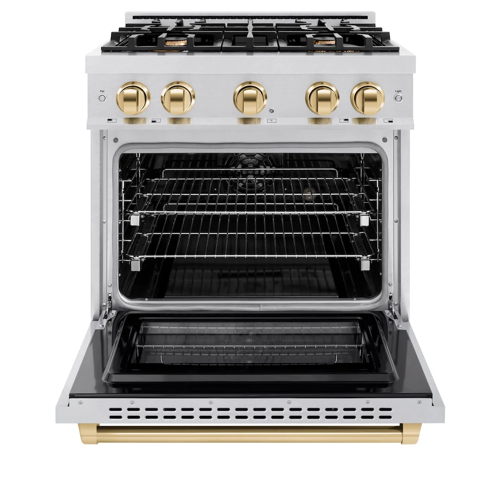 ZLINE Autograph Edition 30 in. 4.2 cu. ft. Select Dual Fuel Range with 4 Burner Gas Cooktop and Electric Convection Oven in Satin Stainless Steel with Polished Gold Accents, Open Box-Great Condition - Image 4