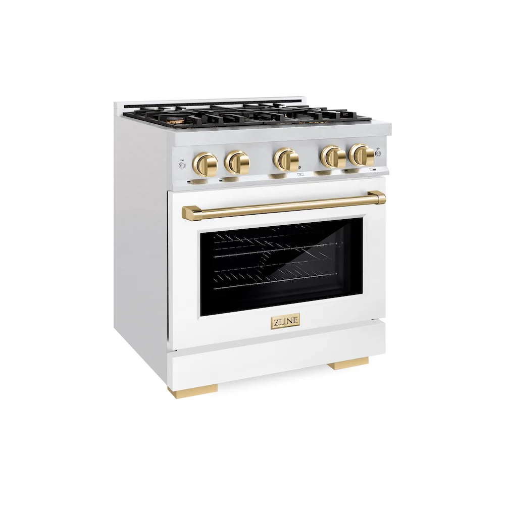 ZLINE Autograph Edition 30 in. 4.2 cu. ft. Select Dual Fuel Range with 4 Burner Gas Cooktop and Electric Convection Oven in Satin Stainless Steel with White Matte Door and Polished Gold Accents, Open Box-Great Condition