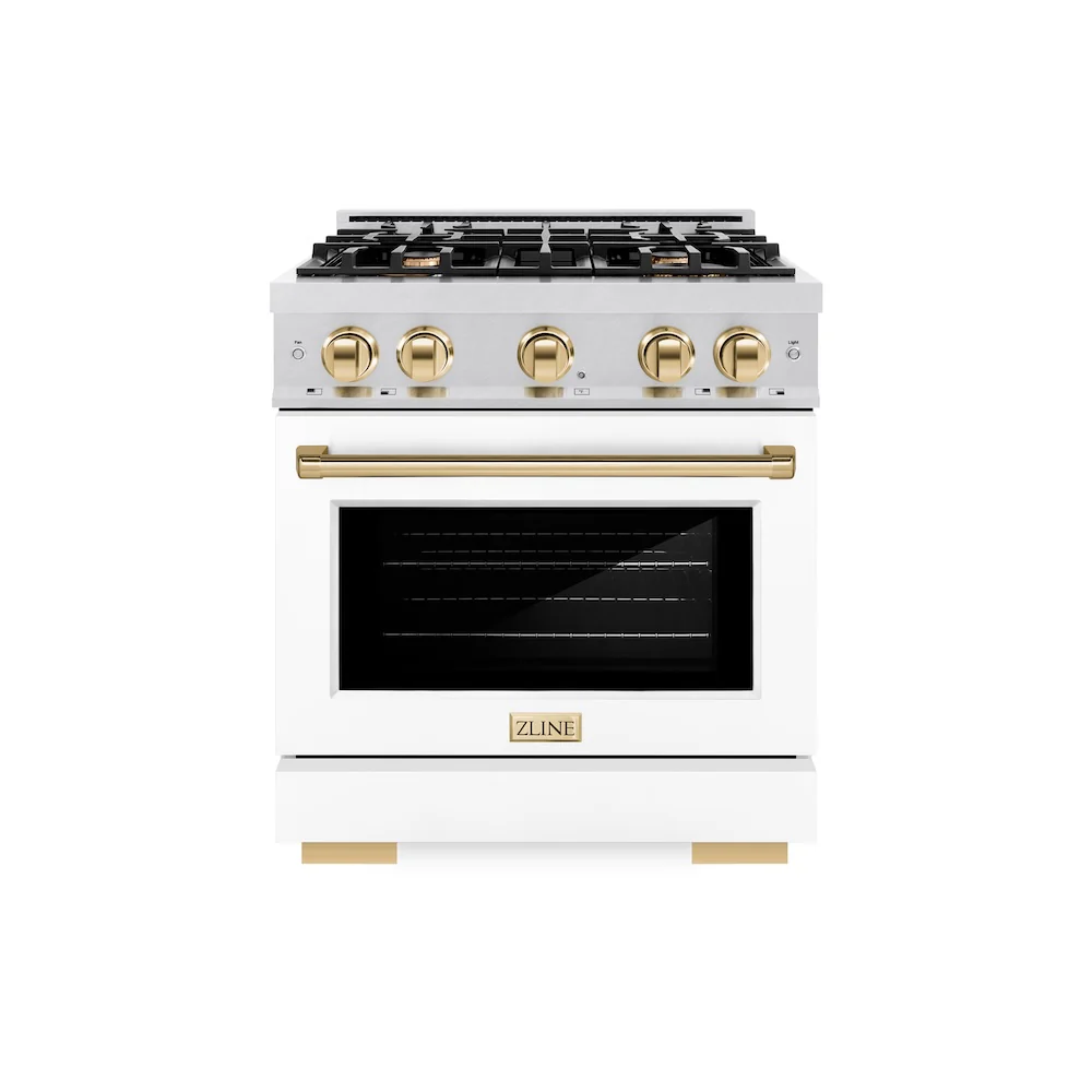 ZLINE Autograph Edition 30 in. 4.2 cu. ft. Select Dual Fuel Range with 4 Burner Gas Cooktop and Electric Convection Oven in Satin Stainless Steel with White Matte Door and Polished Gold Accents, Open Box-Great Condition - Image 3
