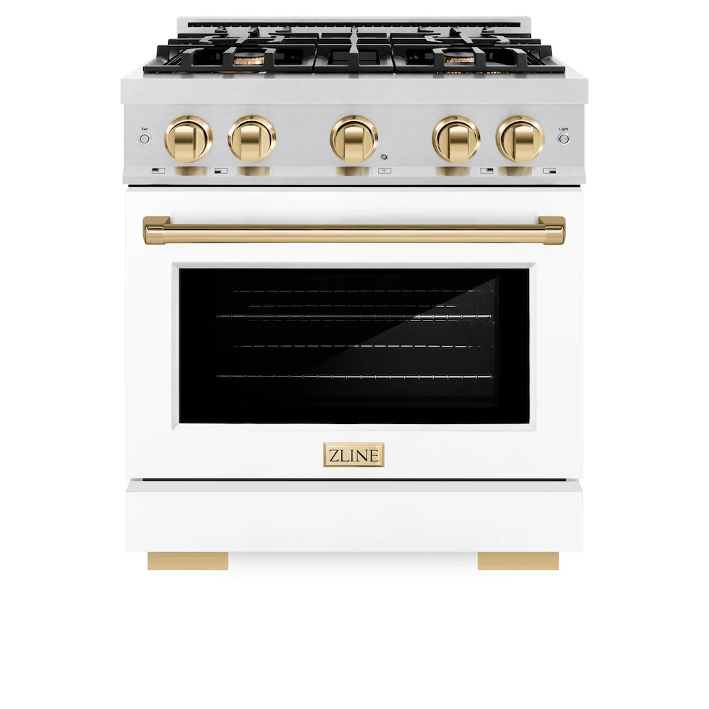 ZLINE Autograph Edition 30 in. 4.2 cu. ft. Select Dual Fuel Range with 4 Burner Gas Cooktop and Electric Convection Oven in Satin Stainless Steel with White Matte Door and Polished Gold Accents, Open Box-Great Condition - Image 4