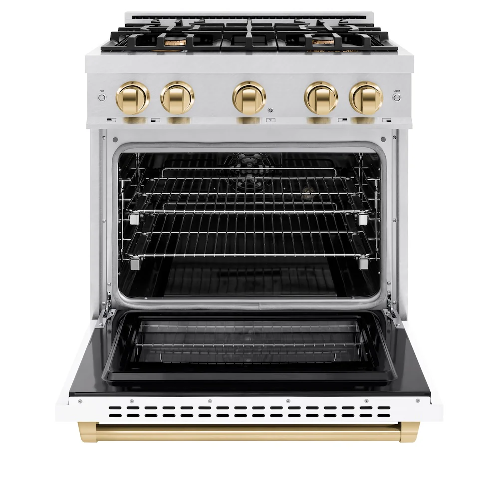 ZLINE Autograph Edition 30 in. 4.2 cu. ft. Select Dual Fuel Range with 4 Burner Gas Cooktop and Electric Convection Oven in Satin Stainless Steel with White Matte Door and Polished Gold Accents, Open Box-Great Condition - Image 5