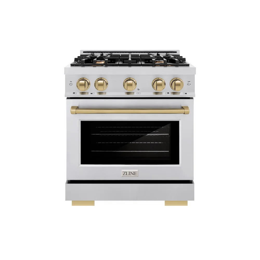 ZLINE Autograph Edition 30 in. 4.2 cu. ft. Select Dual Fuel Range with 4 Burner Gas Cooktop and Electric Convection Oven in Stainless Steel with Champagne Bronze Accents, Open Box-Great Condition - Image 3
