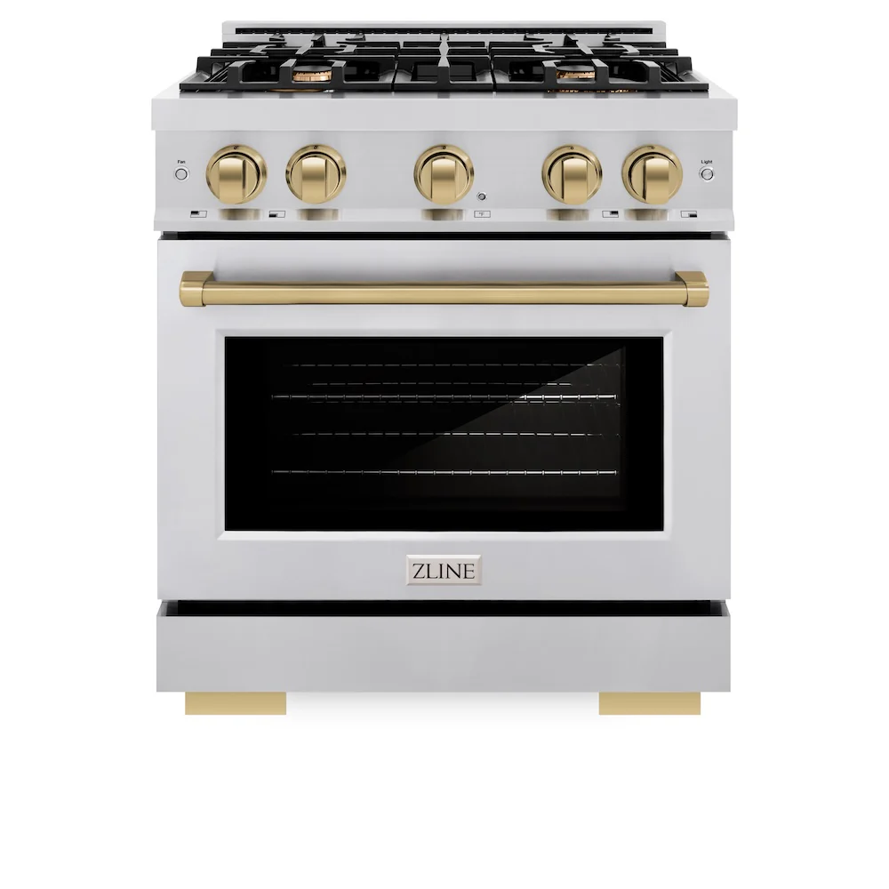 ZLINE Autograph Edition 30 in. 4.2 cu. ft. Select Dual Fuel Range with 4 Burner Gas Cooktop and Electric Convection Oven in Stainless Steel with Champagne Bronze Accents, Open Box-Great Condition - Image 4