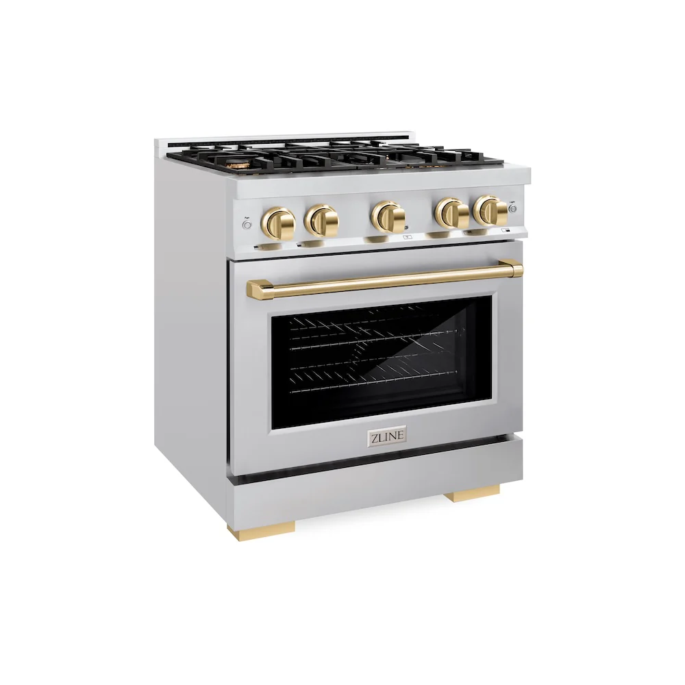 ZLINE Autograph Edition 30 in. 4.2 cu. ft. Select Dual Fuel Range with 4 Burner Gas Cooktop and Electric Convection Oven in Stainless Steel with Polished Gold Accents, Open Box-Great Condition