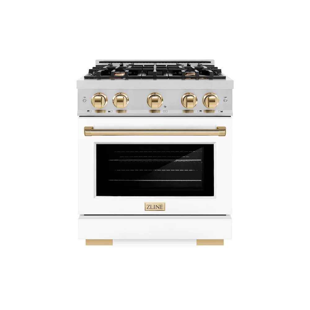 ZLINE Autograph Edition 30 in. 4.2 cu. ft. Select Dual Fuel Range with 4 Burner Gas Cooktop and Electric Convection Oven in Stainless Steel with White Matte Door and Polished Gold Accents, Open Box-Great Condition - Image 3