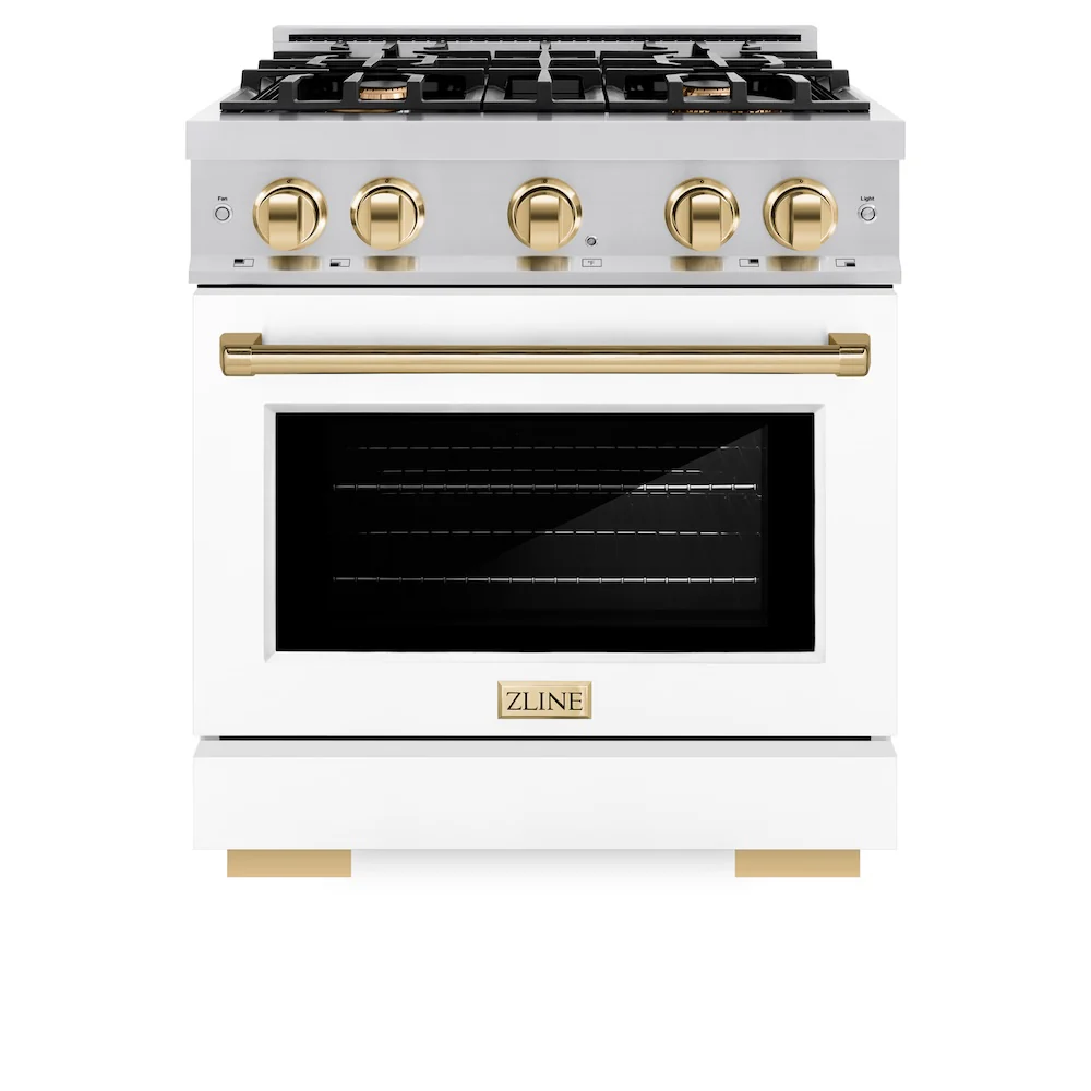 ZLINE Autograph Edition 30 in. 4.2 cu. ft. Select Dual Fuel Range with 4 Burner Gas Cooktop and Electric Convection Oven in Stainless Steel with White Matte Door and Polished Gold Accents, Open Box-Great Condition - Image 4
