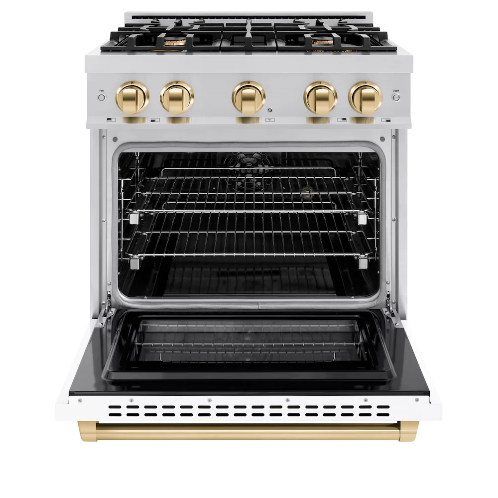 ZLINE Autograph Edition 30 in. 4.2 cu. ft. Select Dual Fuel Range with 4 Burner Gas Cooktop and Electric Convection Oven in Stainless Steel with White Matte Door and Polished Gold Accents, Open Box-Great Condition - Image 5