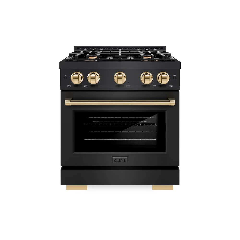ZLINE Autograph Edition 30 in. 4.2 cu. ft. Select Gas Range with 4 Burner Cooktop and Convection Gas Oven in Black Stainless Steel and Polished Gold Accents, Open Box-Great Condition - Image 3