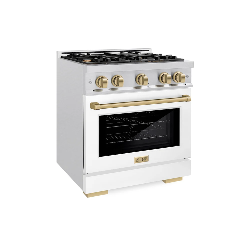 ZLINE Autograph Edition 30 in. 4.2 cu. ft. Select Gas Range with 4 Burner Cooktop and Convection Gas Oven in Satin Stainless Steel with White Matte Door and Champagne Bronze Accents, Open Box-Great Condition