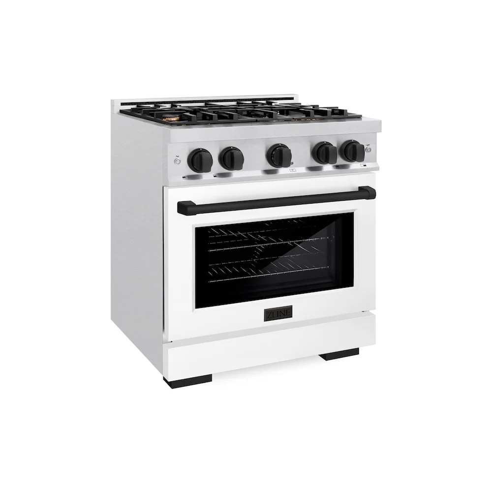 ZLINE Autograph Edition 30 in. 4.2 cu. ft. Select Gas Range with 4 Burner Cooktop and Convection Gas Oven in Satin Stainless Steel with White Matte Door and Matte Black Accents, Open Box-Great Condition