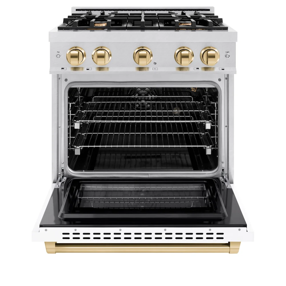 ZLINE Autograph Edition 30 in. 4.2 cu. ft. Select Gas Range with 4 Burner Cooktop and Convection Gas Oven in Satin Stainless Steel with White Matte Door and Polished Gold Accents, Open Box-Great Condition - Image 5