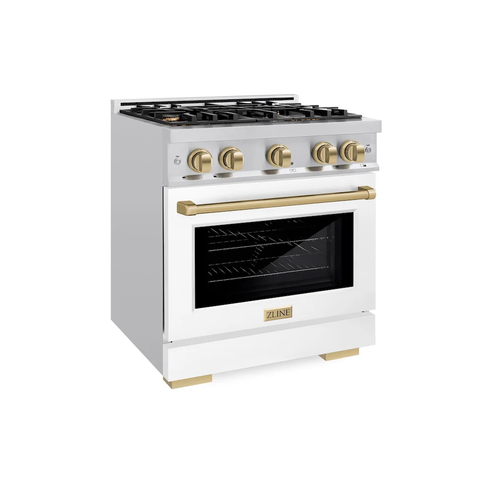 ZLINE Autograph Edition 30 in. 4.2 cu. ft. Select Gas Range with 4 Burner Cooktop and Convection Gas Oven in Stainless Steel with White Matte Door and Champagne Bronze Accents, Open Box-Great Condition