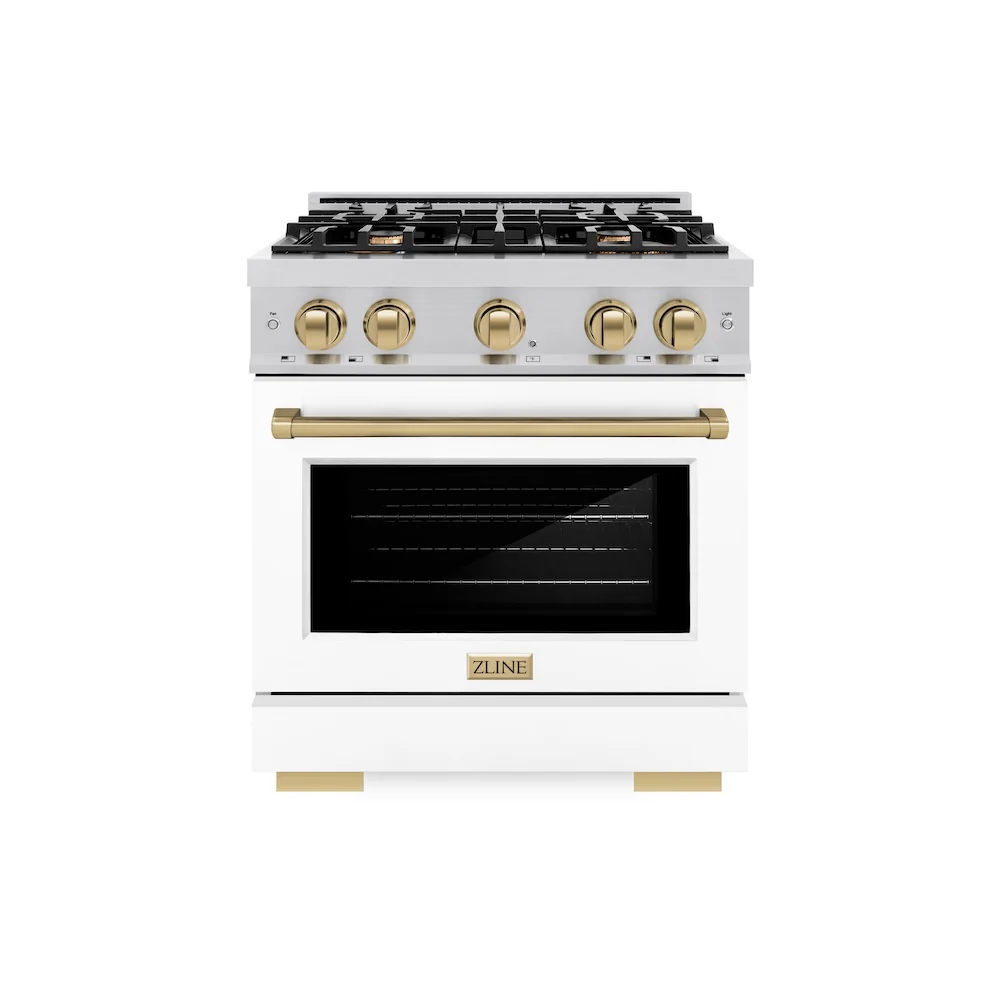 ZLINE Autograph Edition 30 in. 4.2 cu. ft. Select Gas Range with 4 Burner Cooktop and Convection Gas Oven in Stainless Steel with White Matte Door and Champagne Bronze Accents, Open Box-Great Condition - Image 3