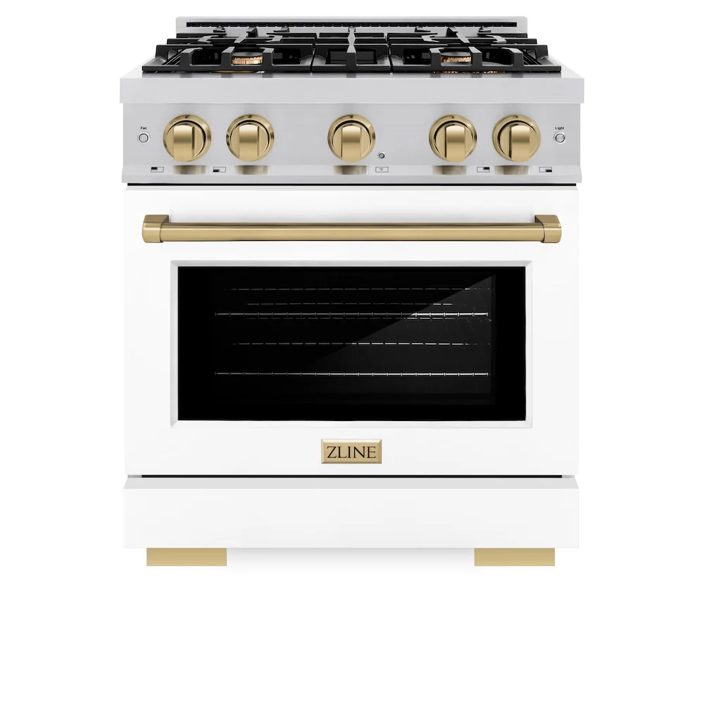 ZLINE Autograph Edition 30 in. 4.2 cu. ft. Select Gas Range with 4 Burner Cooktop and Convection Gas Oven in Stainless Steel with White Matte Door and Champagne Bronze Accents, Open Box-Great Condition - Image 4