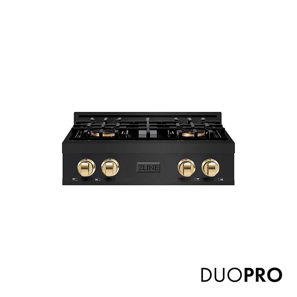ZLINE Autograph Edition 30 in. Classic Gas Rangetop with 4 Burner DuoPro™ Cooktop in Black Stainless Steel and Polished Gold Accents, Open Box-Great Condition