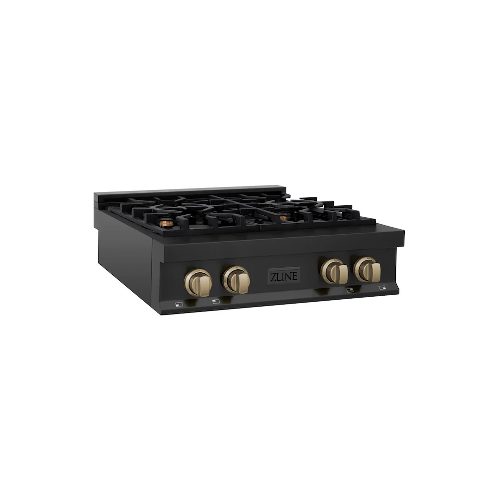 ZLINE Autograph Edition 30 in. Legacy Gas Rangetop with 4 Burners and Porcelain Cooktop in Black Stainless Steel with Champagne Bronze Accents, Open Box-Great Condition
