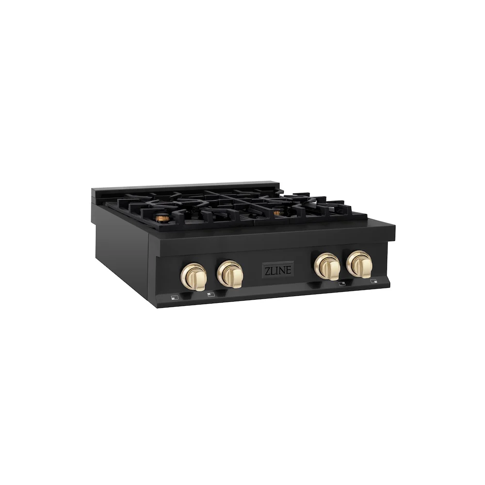 ZLINE Autograph Edition 30 in. Legacy Gas Rangetop with 4 Burners and Porcelain Cooktop in Black Stainless Steel with Polished Gold Accents, Open Box-Great Condition
