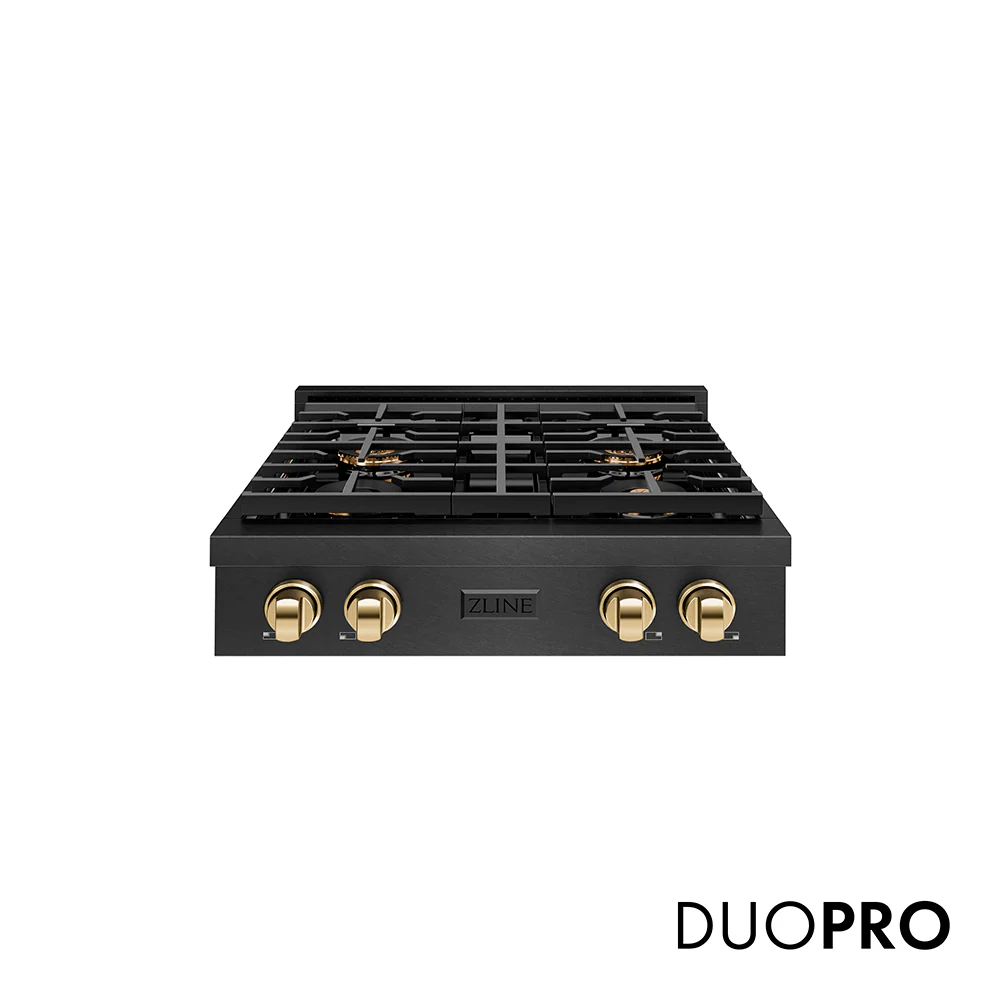ZLINE Autograph Edition 30 in. Paramount Gas Rangetop with 4 Burner DuoPro™ Cooktop in Black Satin Stainless Steel and Polished Gold Accents, Open Box-Great Condition