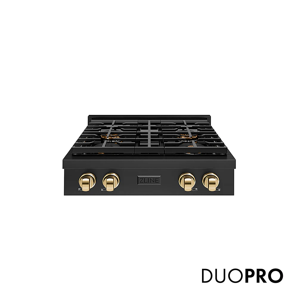 ZLINE Autograph Edition 30 in. Paramount Gas Rangetop with 4 Burner DuoPro™ Cooktop in Black Stainless Steel and Polished Gold Accents, Open Box-Great Condition