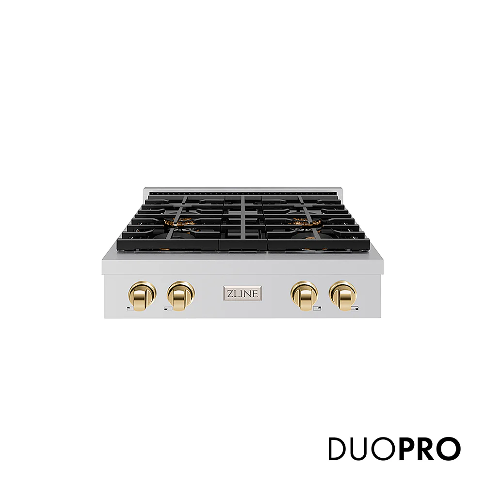 ZLINE Autograph Edition 30 in. Paramount Gas Rangetop with 4 Burner DuoPro™ Cooktop in Stainless Steel and Polished Gold Accents, Open Box-Great Condition