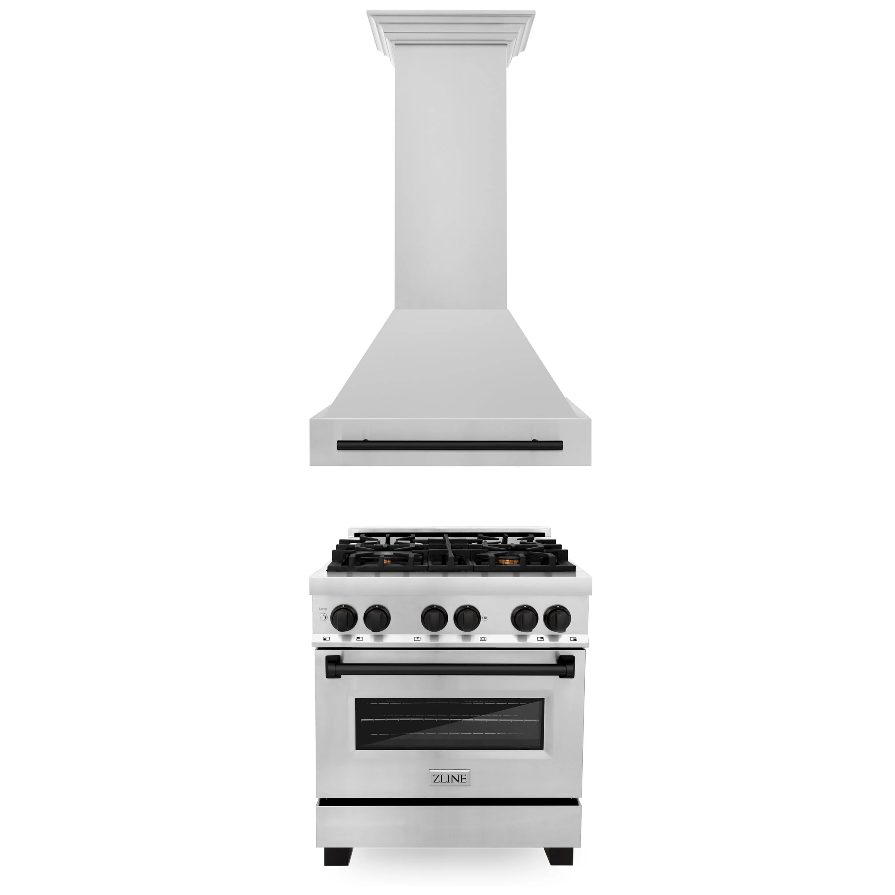 ZLINE 30" Autograph Edition Kitchen Package with Stainless Steel Dual Fuel Range and Range Hood with Matte Black Accents (2AKP-RARH30-MB)