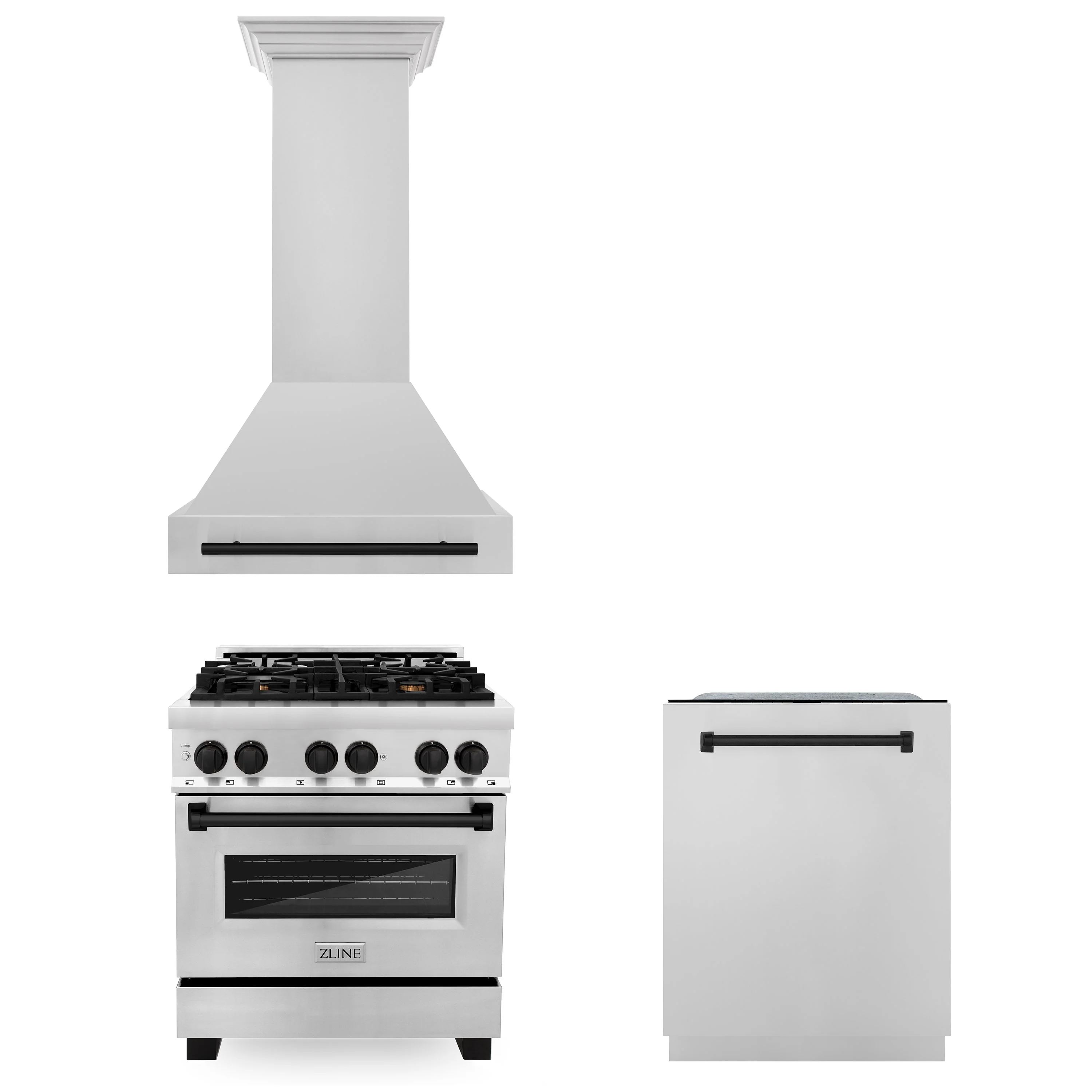 ZLINE 30" Autograph Edition Kitchen Package with Stainless Steel Dual Fuel Range, Range Hood and Dishwasher with Matte Black Accents (3AKP-RARHDWM30-MB)