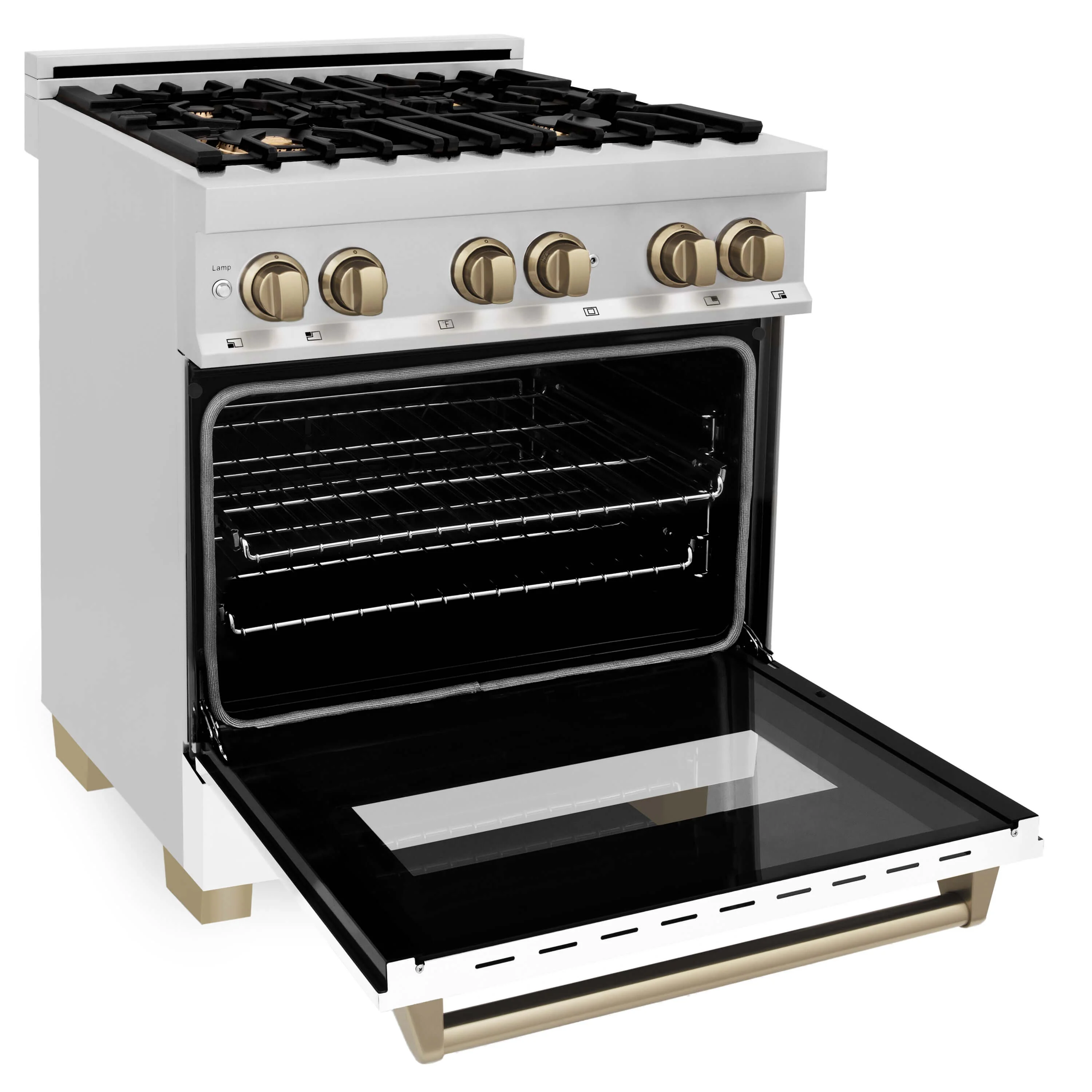 ZLINE Autograph Edition 30 in. Kitchen Package with Stainless Steel Dual Fuel Range with White Matte Door, Range Hood and Dishwasher with Champagne Bronze Accents (3AKP-RAWMRHDWM30-CB) - Image 4