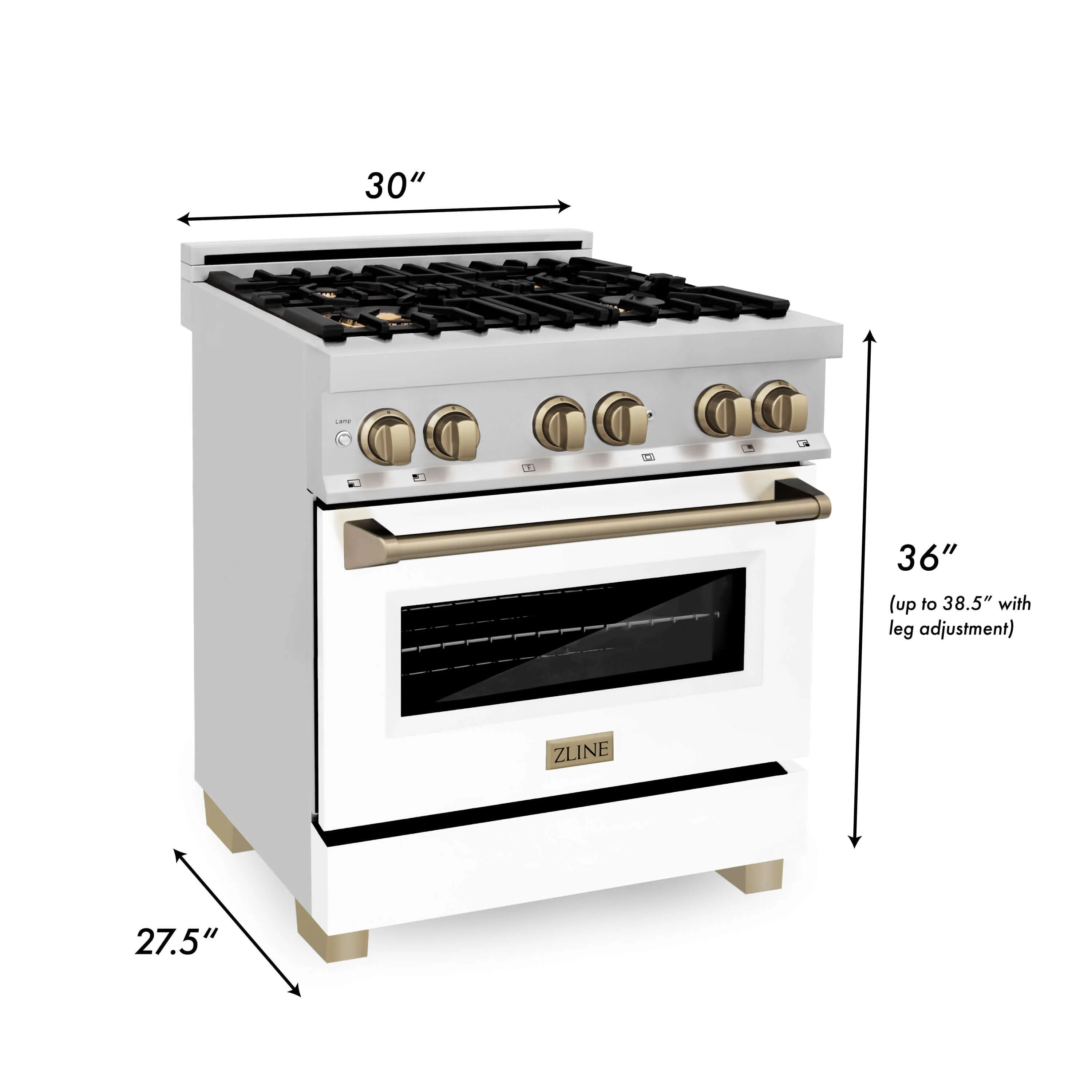ZLINE Autograph Edition 30 in. Kitchen Package with Stainless Steel Dual Fuel Range with White Matte Door, Range Hood and Dishwasher with Champagne Bronze Accents (3AKP-RAWMRHDWM30-CB) - Image 9