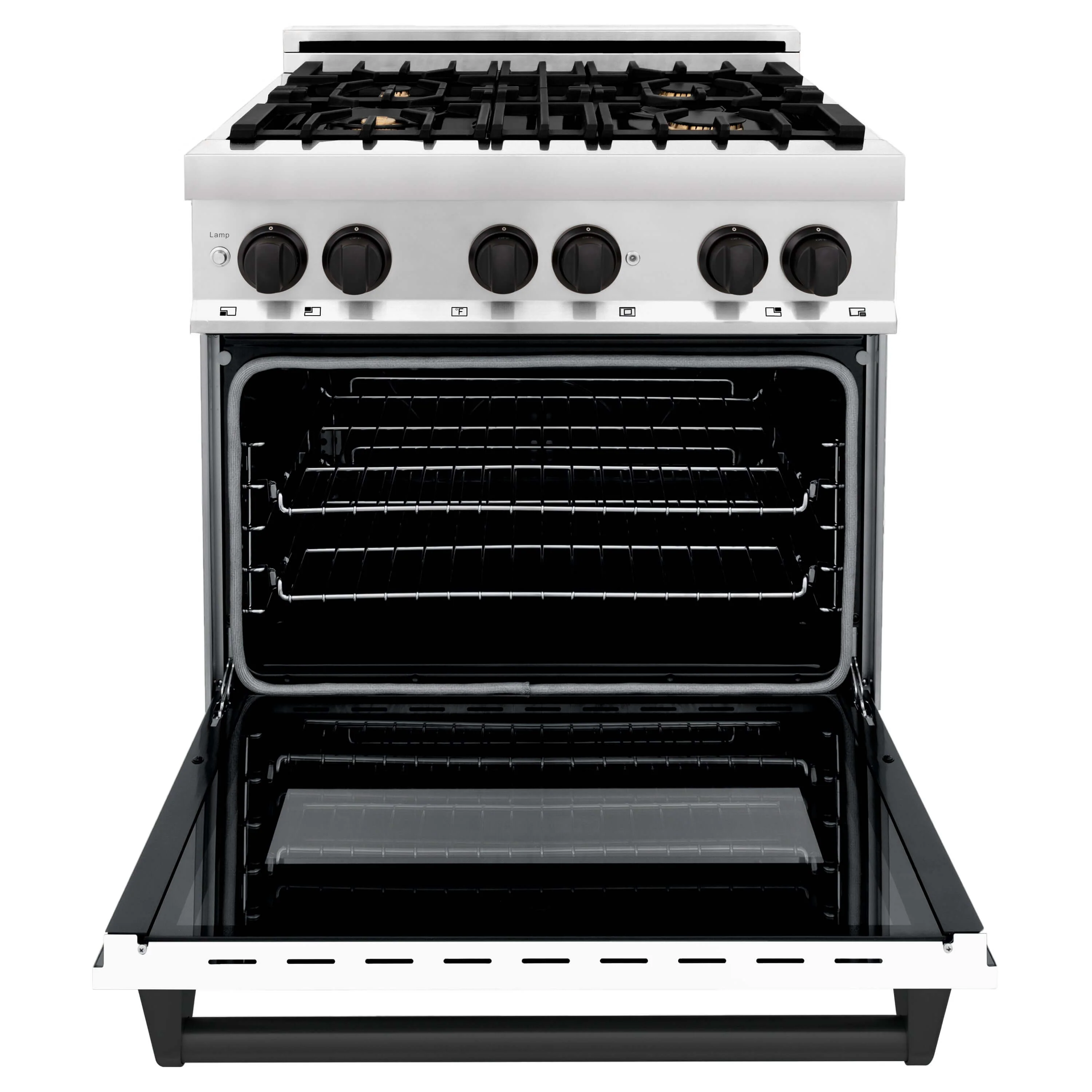 ZLINE Autograph Edition 30 in. Kitchen Package with Stainless Steel Dual Fuel Range with White Matte Door and Range Hood with Matte Black Accents (2AKP-RAWMRH30-MB) - Image 4