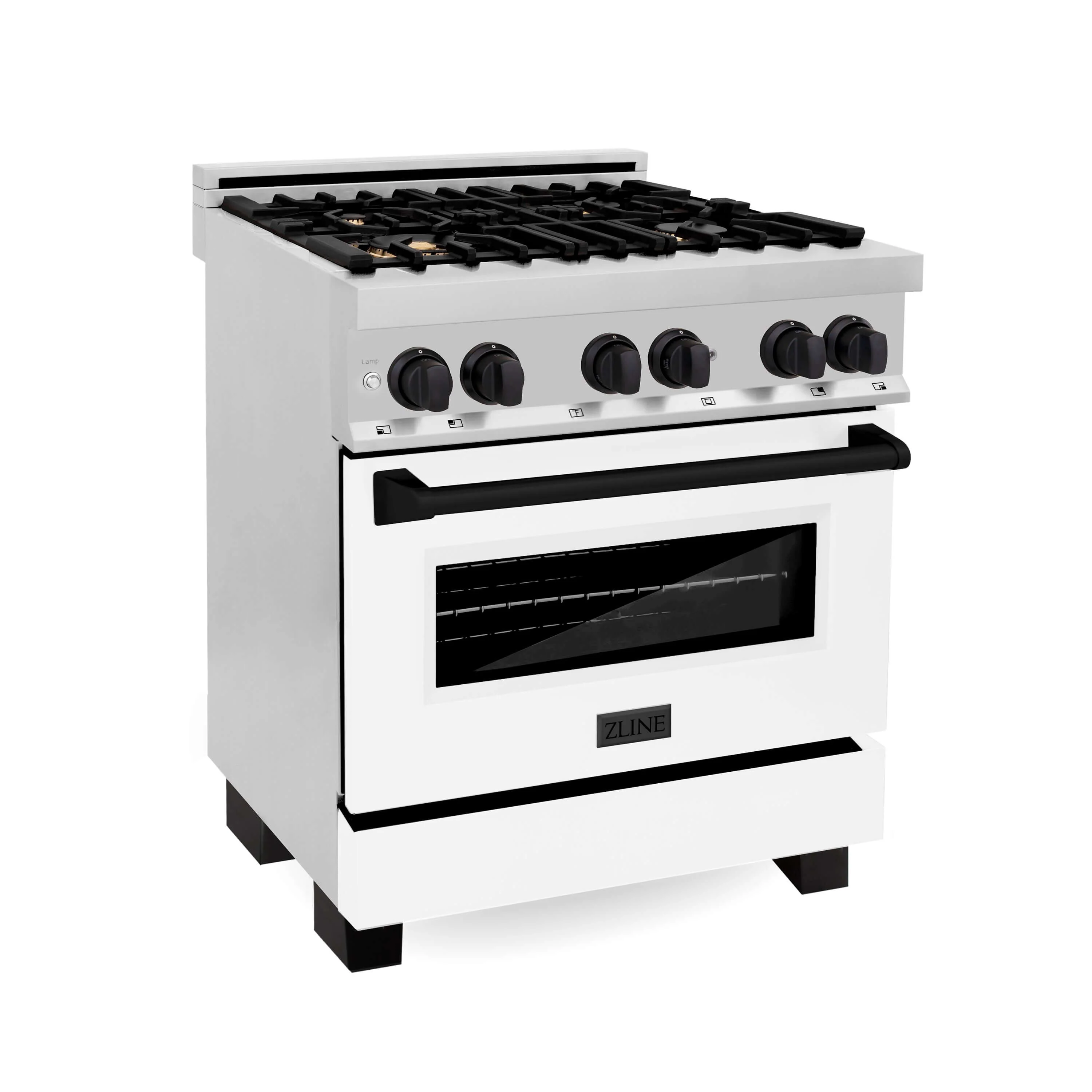 ZLINE Autograph Edition 30 in. Kitchen Package with Stainless Steel Dual Fuel Range with White Matte Door, Range Hood and Dishwasher with Matte Black Accents (3AKP-RAWMRHDWM30-MB) - Image 2