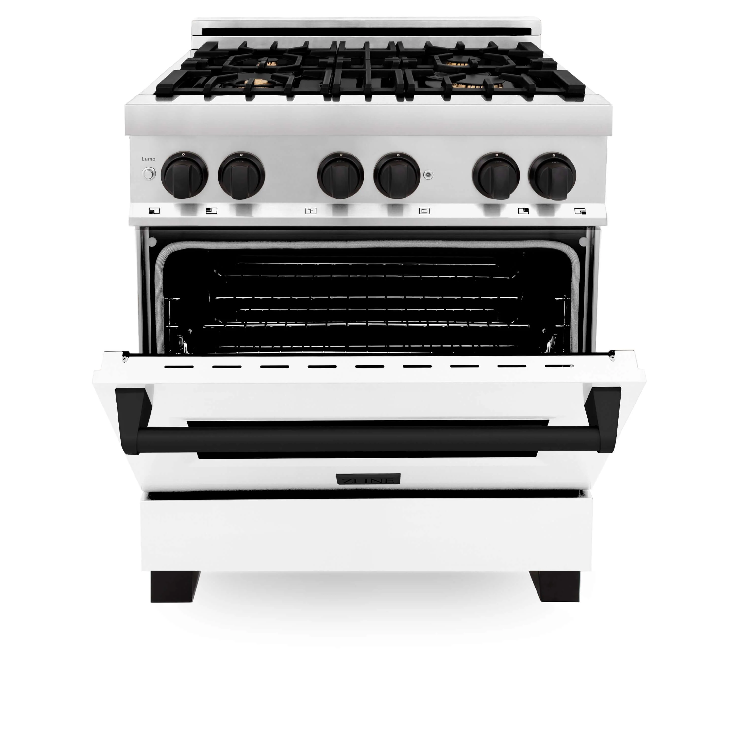 ZLINE Autograph Edition 30 in. Kitchen Package with Stainless Steel Dual Fuel Range with White Matte Door, Range Hood and Dishwasher with Matte Black Accents (3AKP-RAWMRHDWM30-MB) - Image 4
