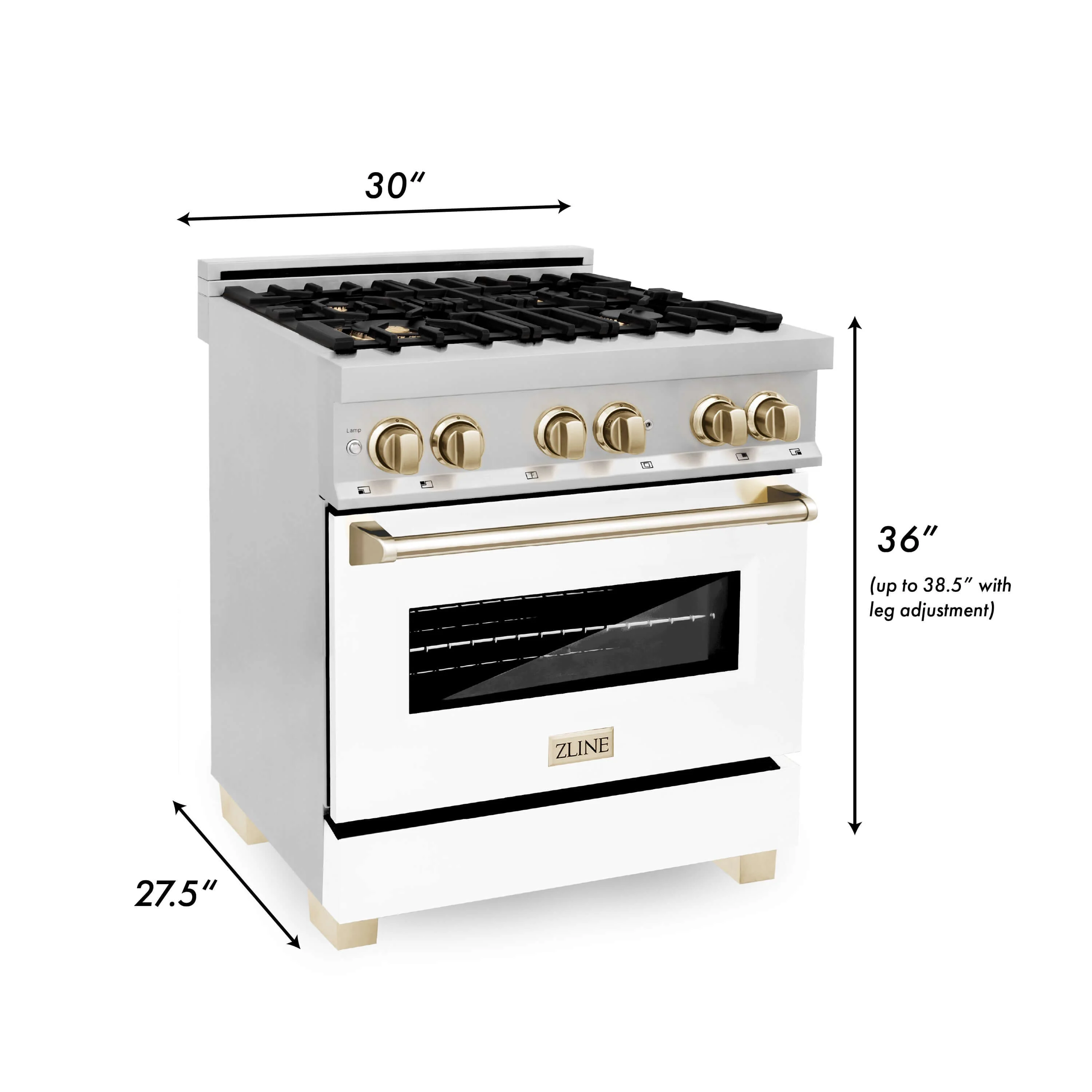 ZLINE Autograph Edition 30 in. Kitchen Package with Stainless Steel Dual Fuel Range with White Matte Door, Range Hood and Dishwasher with Polished Gold Accents (3AKP-RAWMRHDWM30-G) - Image 8