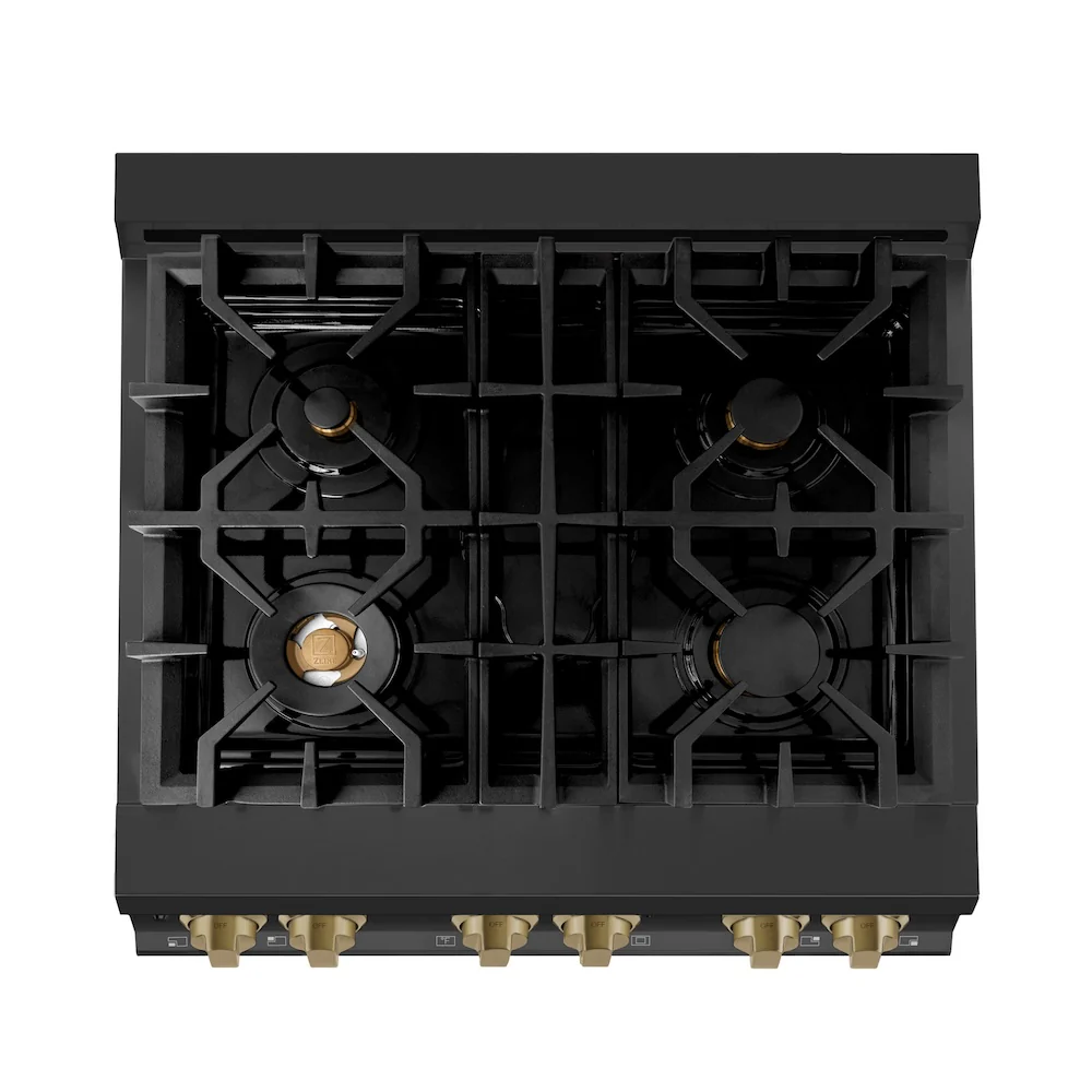 ZLINE Autograph Edition 30 in. 4.0 cu. ft. Legacy Dual Fuel Range with 4 Burner Gas Cooktop and Electric Convection Oven in Black Stainless Steel and Champagne Bronze Accents (RABZ-30-CB) - Image 11