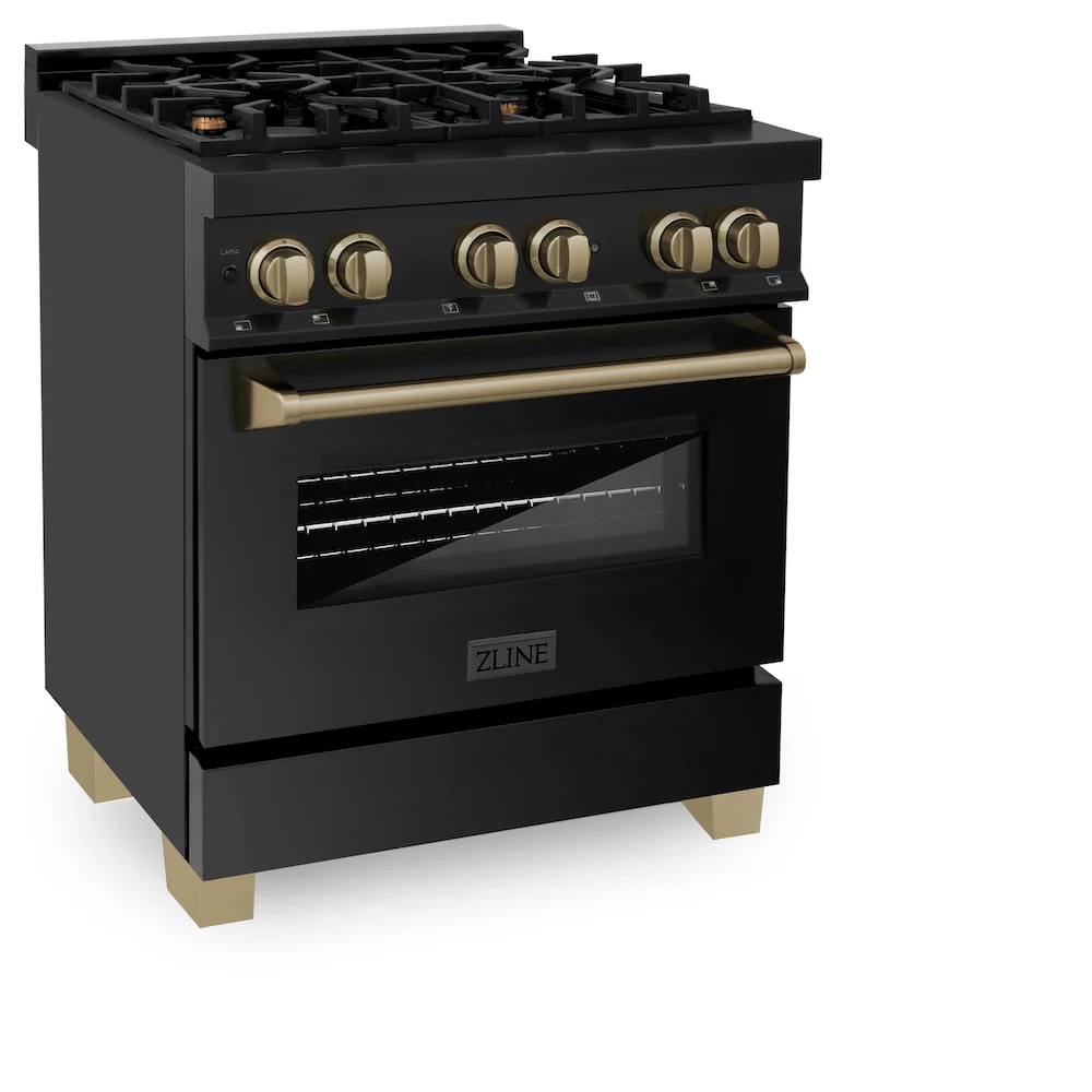 ZLINE Autograph Edition 30 in. 4.0 cu. ft. Legacy Dual Fuel Range with 4 Burner Gas Cooktop and Electric Convection Oven in Black Stainless Steel and Champagne Bronze Accents (RABZ-30-CB) - Image 3