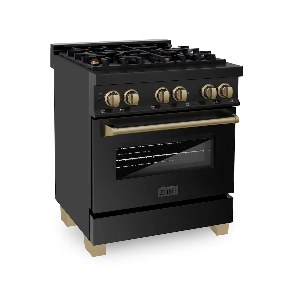ZLINE Autograph Edition 30 in. 4.0 cu. ft. Legacy Dual Fuel Range with 4 Burner Gas Cooktop and Electric Convection Oven in Black Stainless Steel and Champagne Bronze Accents (RABZ-30-CB) - Image 4