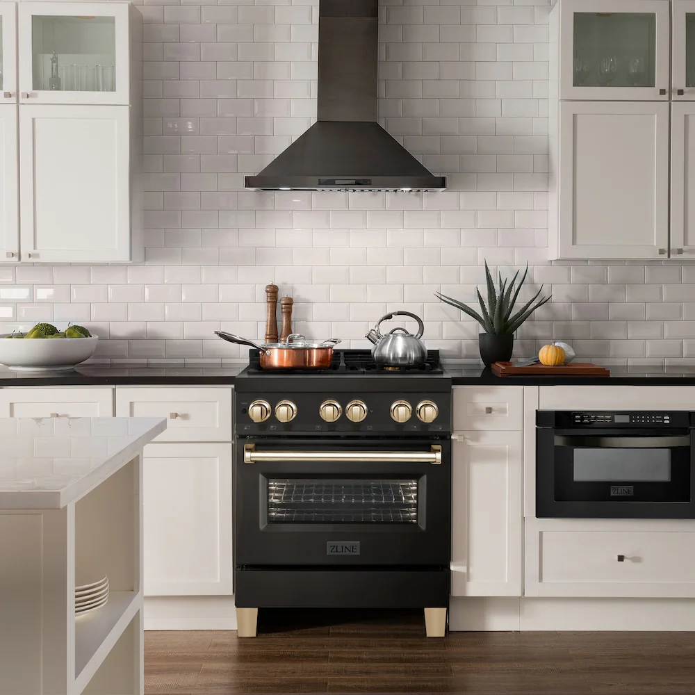 ZLINE Autograph Edition 30 in. 4.0 cu. ft. Legacy Dual Fuel Range with 4 Burner Gas Cooktop and Electric Convection Oven in Black Stainless Steel and Polished Gold Accents (RABZ-30-G) - Image 2