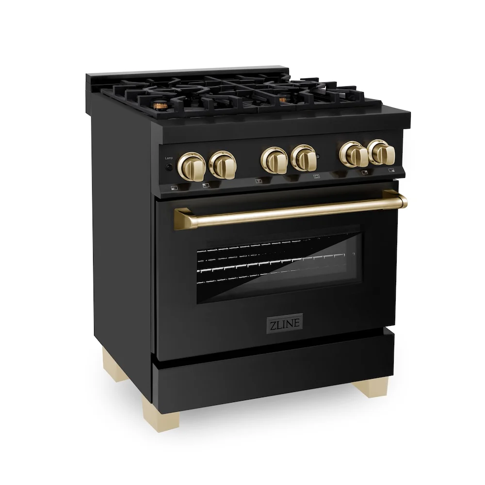 ZLINE Autograph Edition 30 in. 4.0 cu. ft. Legacy Dual Fuel Range with 4 Burner Gas Cooktop and Electric Convection Oven in Black Stainless Steel and Polished Gold Accents (RABZ-30-G) - Image 3