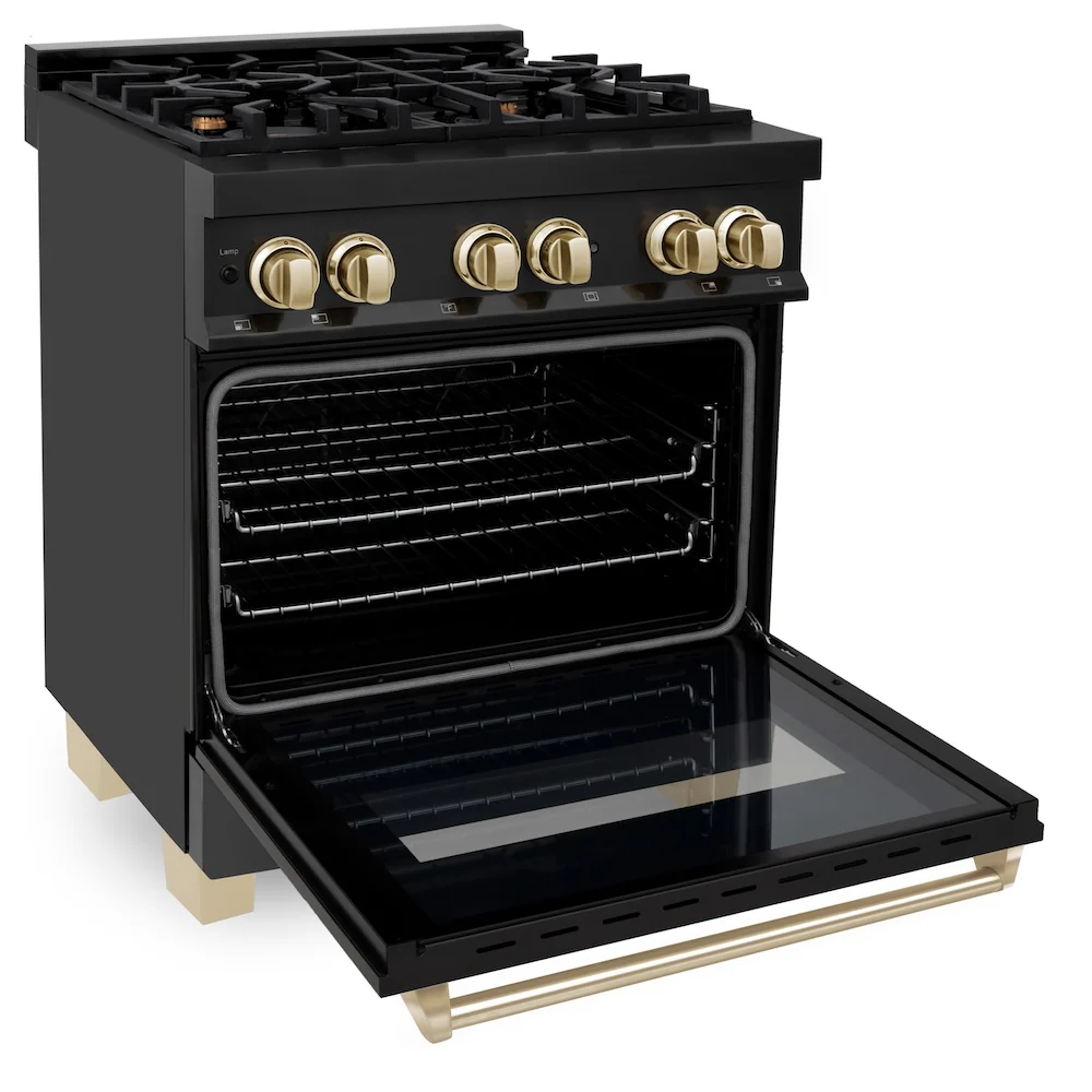 ZLINE Autograph Edition 30 in. 4.0 cu. ft. Legacy Dual Fuel Range with 4 Burner Gas Cooktop and Electric Convection Oven in Black Stainless Steel and Polished Gold Accents (RABZ-30-G) - Image 5