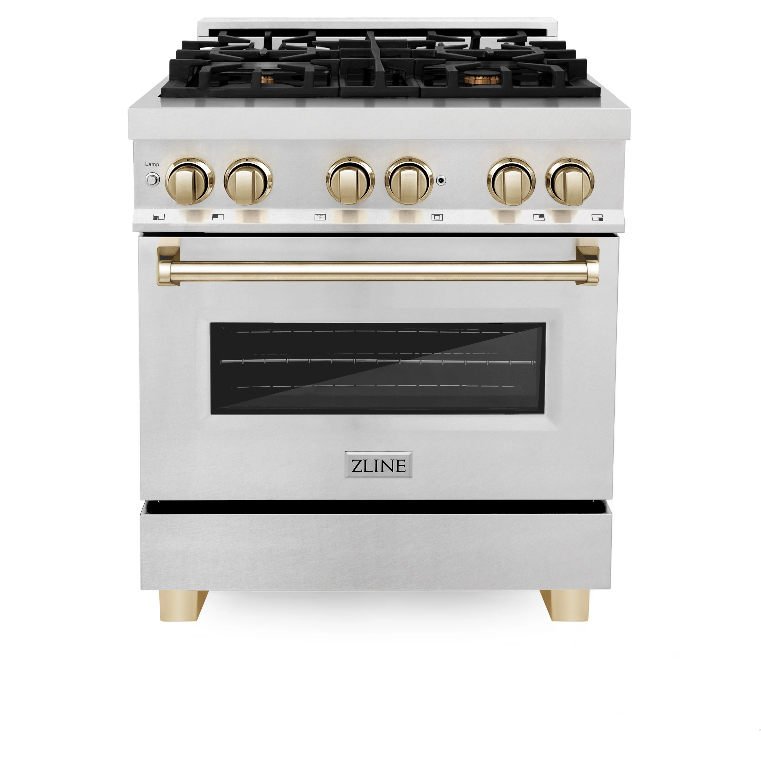 ZLINE Autograph Edition 30 in. 4.0 cu. ft. Legacy Dual Fuel Range with 4 Burner Gas Cooktop and Electric Convection Oven in Satin Stainless Steel and Polished Gold Accents (RASZ-SN-30-G) - Image 5