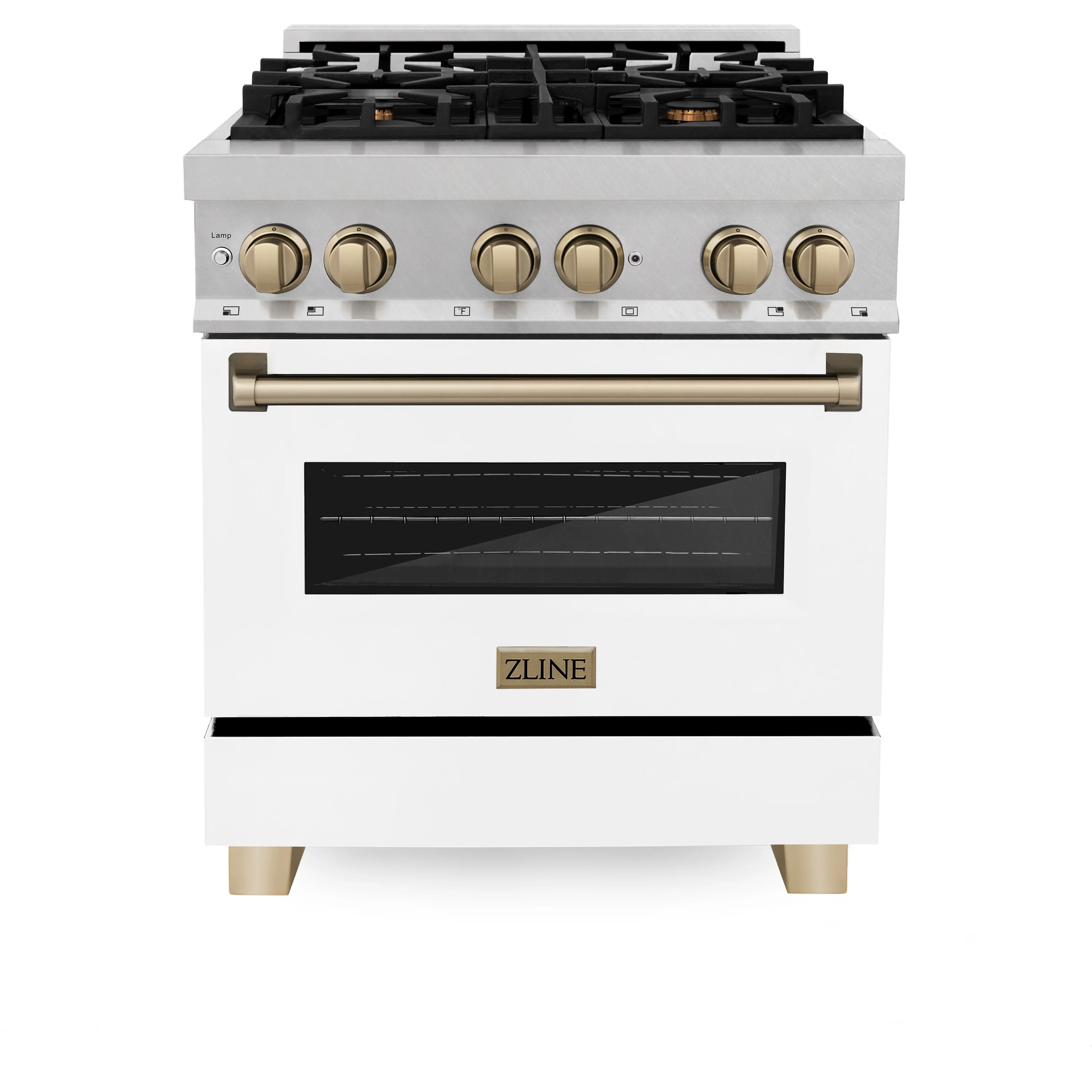 ZLINE Autograph Edition 30 in. 4.0 cu. ft. Legacy Dual Fuel Range with 4 Burner Gas Cooktop and Electric Convection Oven in Satin Stainless Steel with White Matte Door and Champagne Bronze Accents (RASZ-WM-30-CB) - Image 2