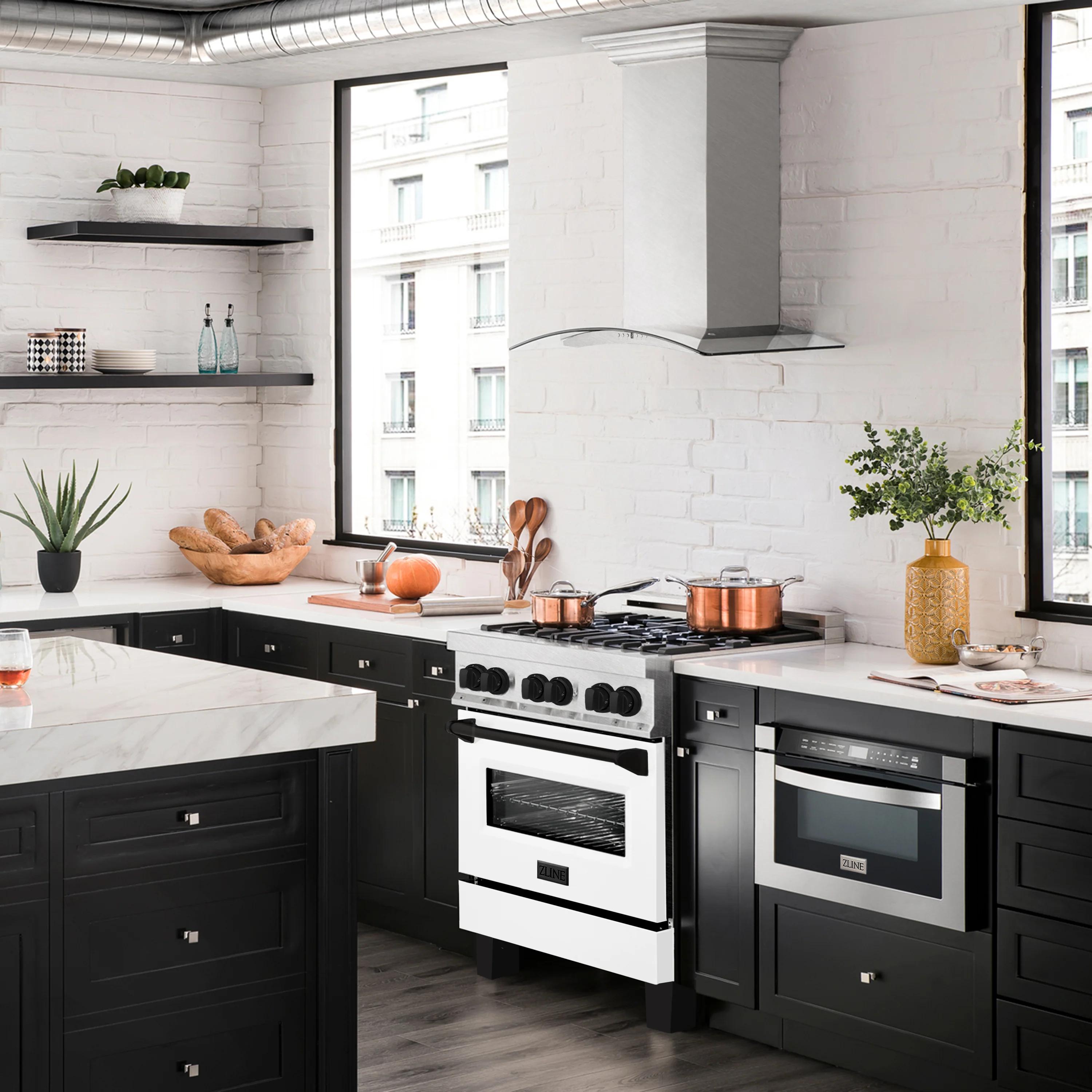 ZLINE Autograph Edition 30 in. 4.0 cu. ft. Legacy Dual Fuel Range with 4 Burner Gas Cooktop and Electric Convection Oven in Satin Stainless Steel with White Matte Door and Matte Black Accents (RASZ-WM-30-MB) - Image 17