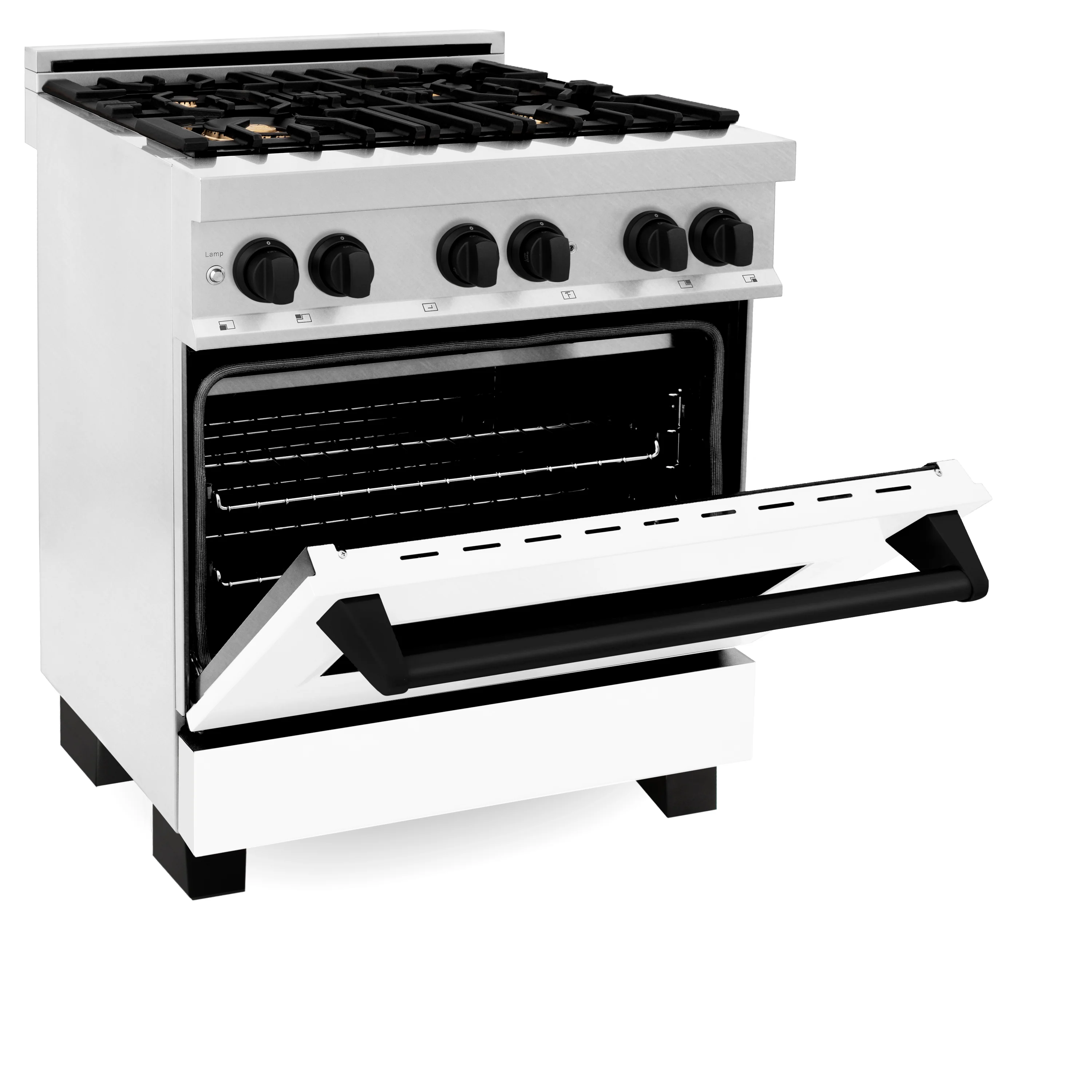 ZLINE Autograph Edition 30 in. 4.0 cu. ft. Legacy Dual Fuel Range with 4 Burner Gas Cooktop and Electric Convection Oven in Satin Stainless Steel with White Matte Door and Matte Black Accents (RASZ-WM-30-MB) - Image 4