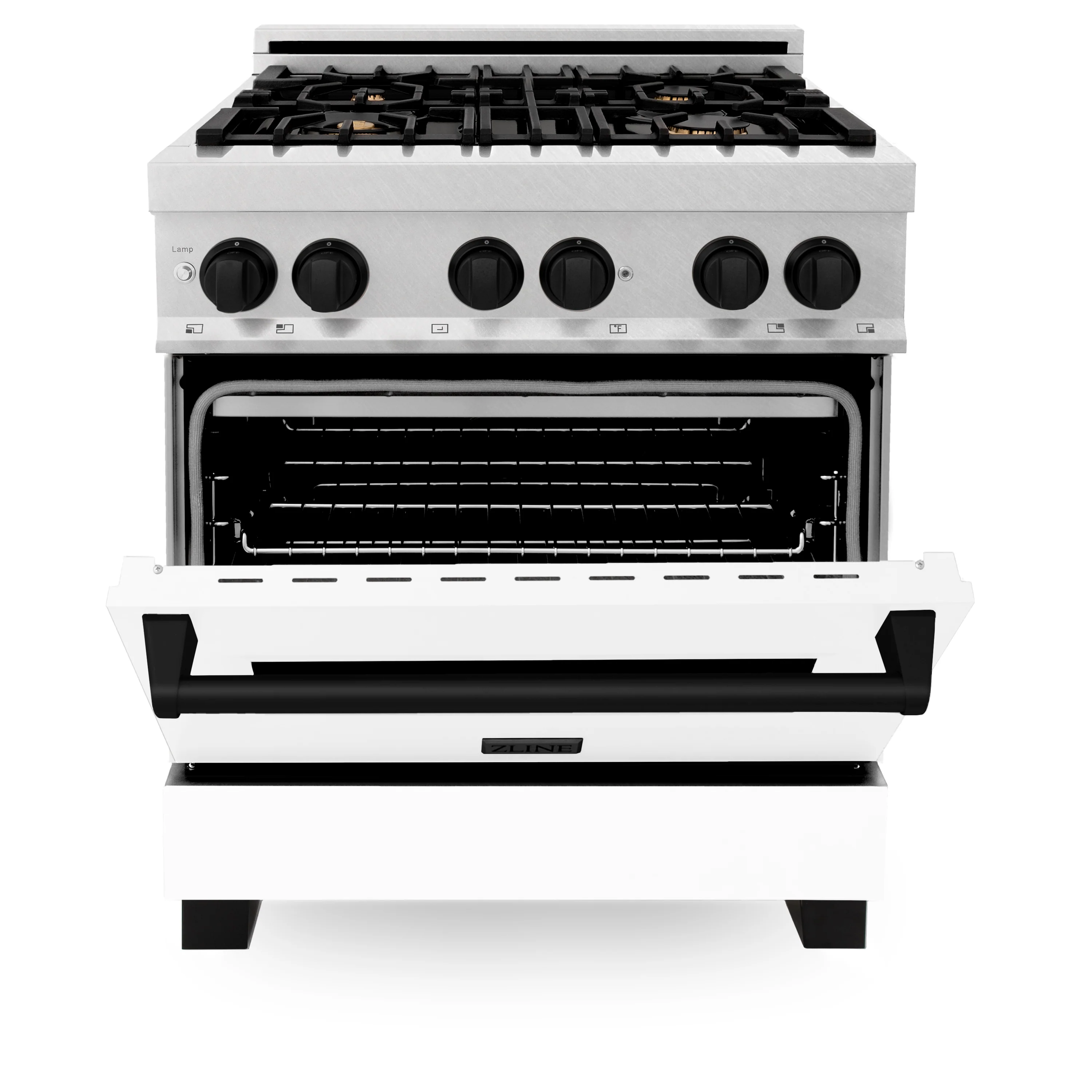 ZLINE Autograph Edition 30 in. 4.0 cu. ft. Legacy Dual Fuel Range with 4 Burner Gas Cooktop and Electric Convection Oven in Satin Stainless Steel with White Matte Door and Matte Black Accents (RASZ-WM-30-MB) - Image 7