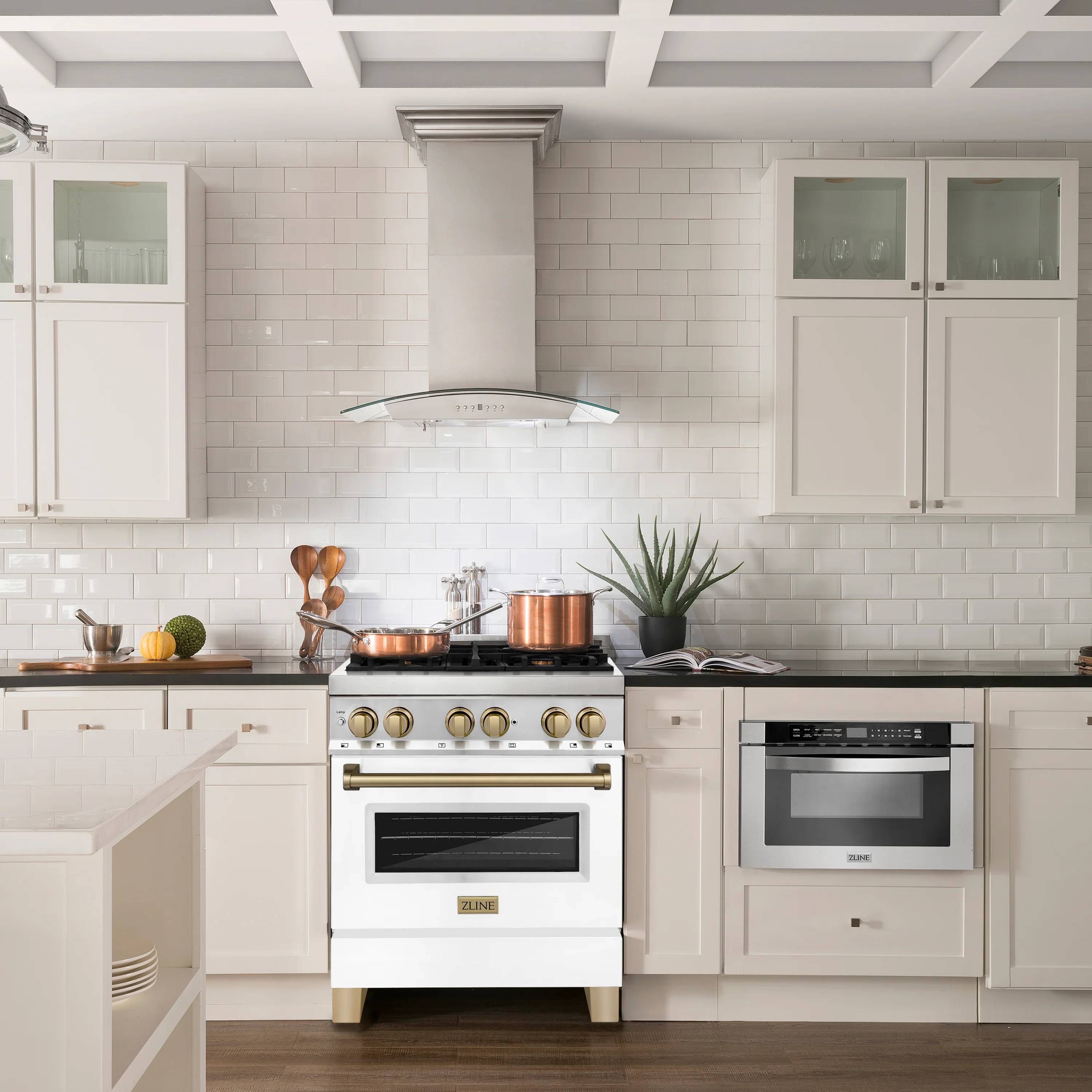 ZLINE Autograph Edition 30 in. 4.0 cu. ft. Legacy Dual Fuel Range with 4 Burner Gas Cooktop and Electric Convection Oven in Stainless Steel with White Matte Door and Champagne Bronze Accents (RAZ-WM-30-CB) - Image 2