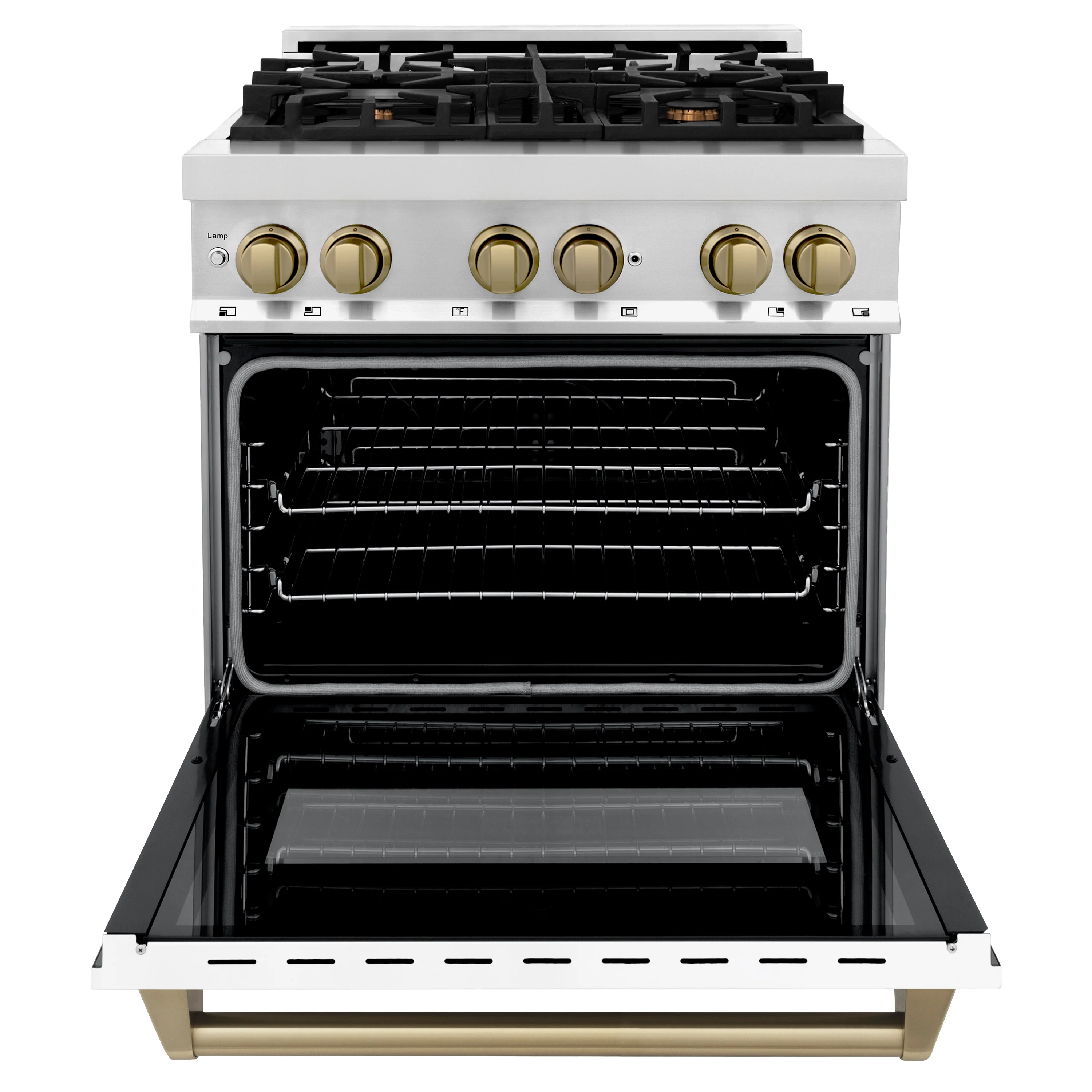 ZLINE Autograph Edition 30 in. 4.0 cu. ft. Legacy Dual Fuel Range with 4 Burner Gas Cooktop and Electric Convection Oven in Stainless Steel with White Matte Door and Champagne Bronze Accents (RAZ-WM-30-CB) - Image 5