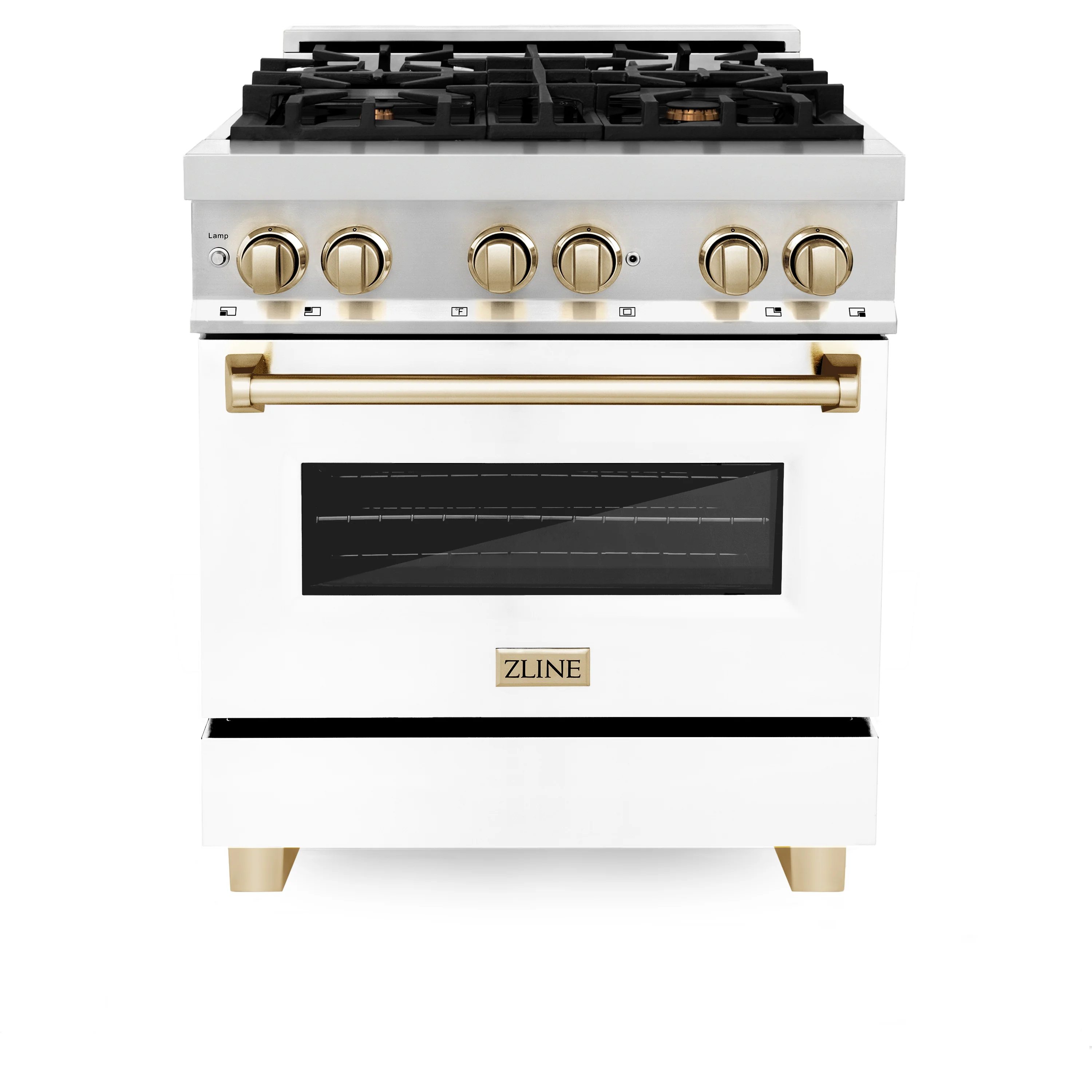 ZLINE Autograph Edition 30 in. 4.0 cu. ft. Legacy Dual Fuel Range with 4 Burner Gas Cooktop and Electric Convection Oven in Stainless Steel with White Matte Door and Polished Gold Accents (RAZ-WM-30-G) - Image 3
