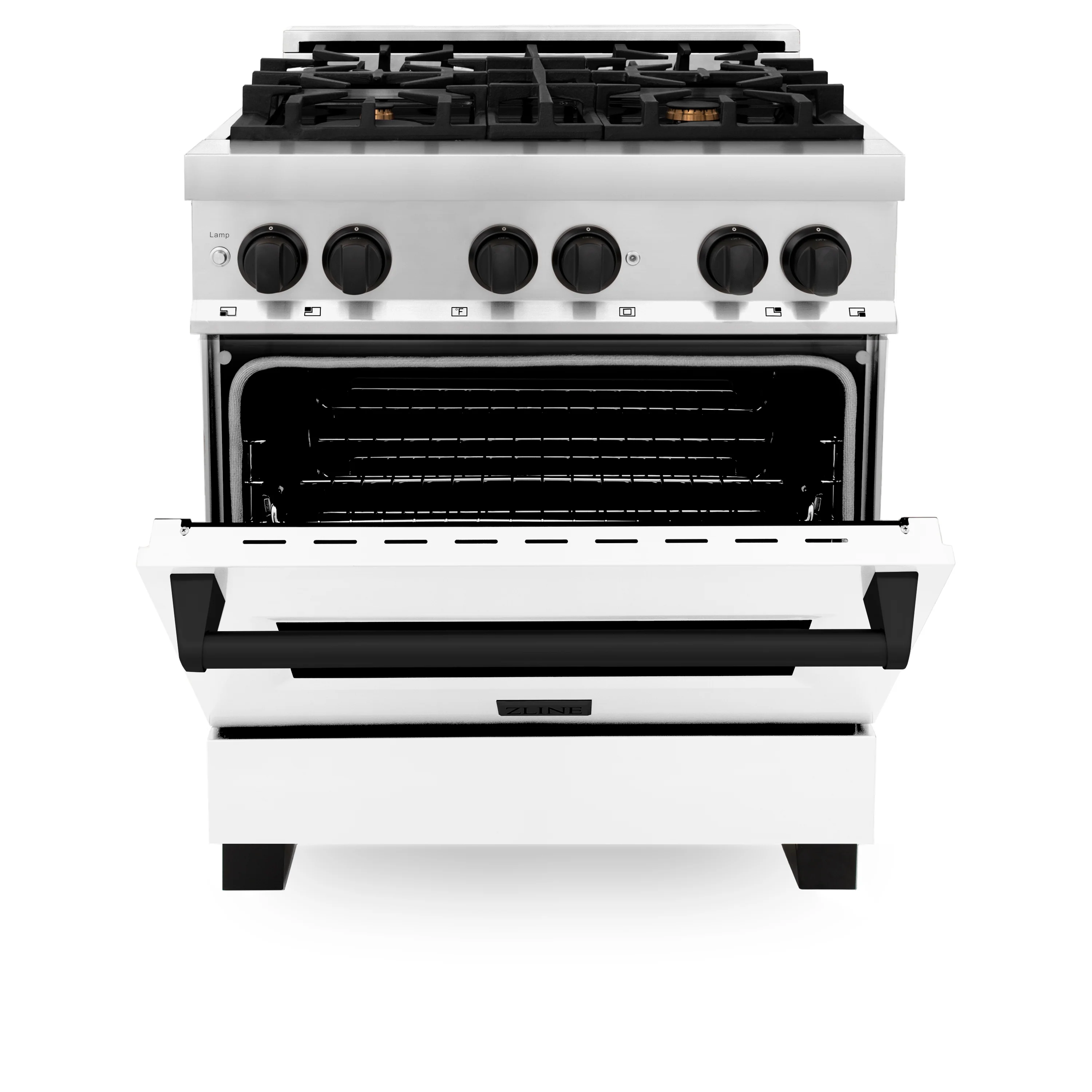 ZLINE Autograph Edition 30 in. 4.0 cu. ft. Legacy Dual Fuel Range with 4 Burner Gas Cooktop and Electric Convection Oven in Stainless Steel with White Matte Door and Matte Black Accents (RAZ-WM-30-MB) - Image 8