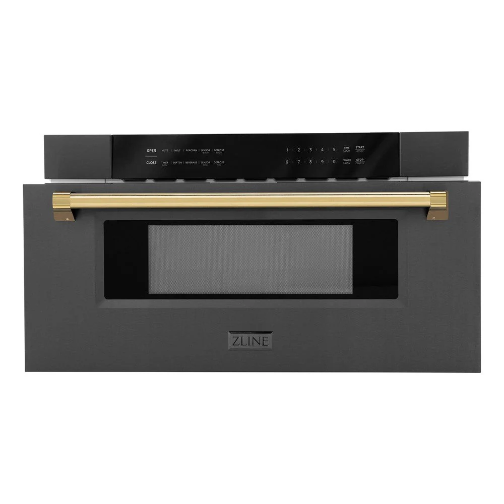 ZLINE Autograph Edition 30 in. 1.2 cu. ft. Built-in Microwave Drawer in Black Stainless Steel with Polished Gold Accents (MWDZ-30-BS-G) - Image 7